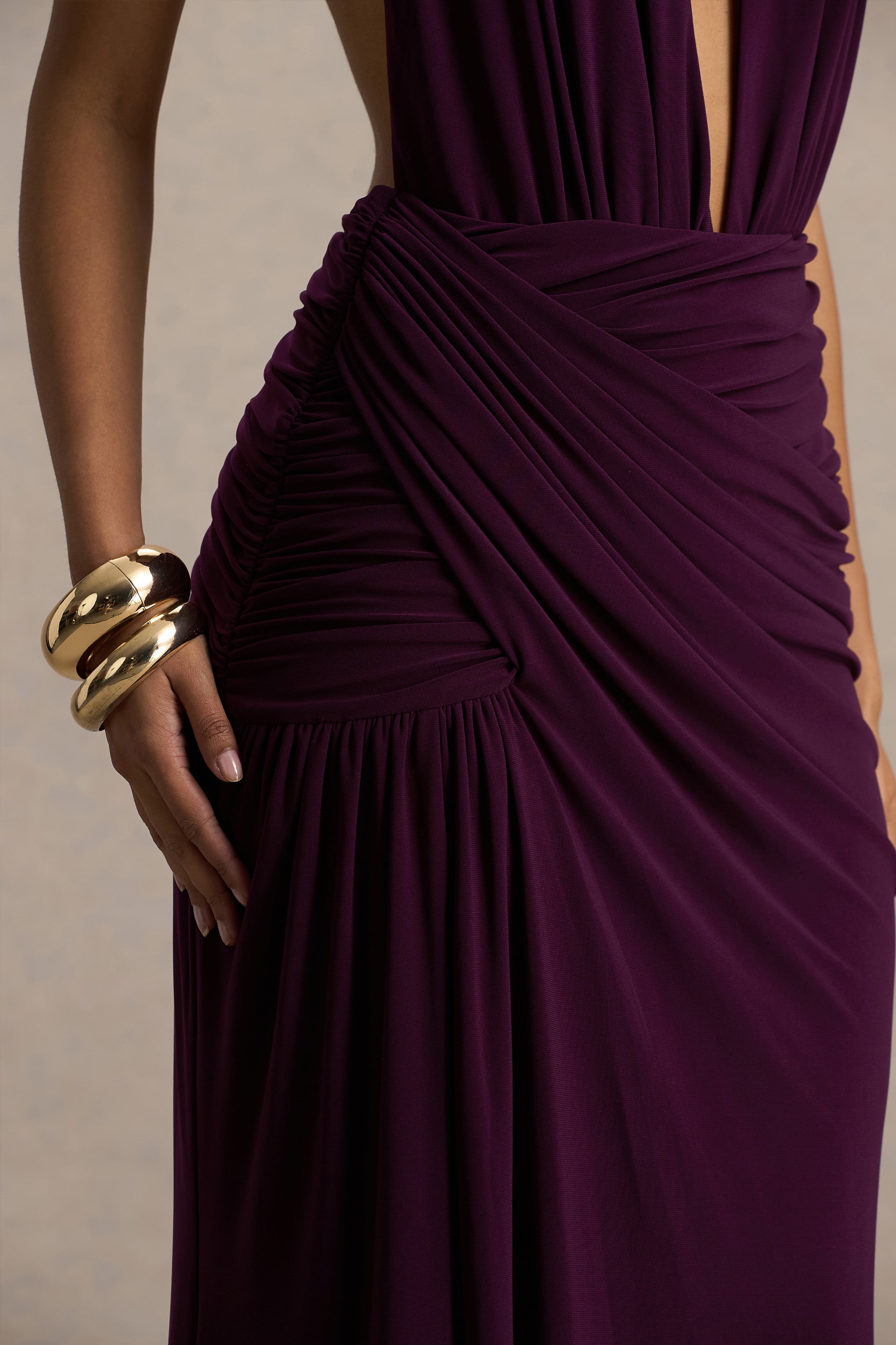 Tilly | Burgundy Extreme Plunge-Neck Maxi Dress With Wrap And Ruched Details-Sowoom