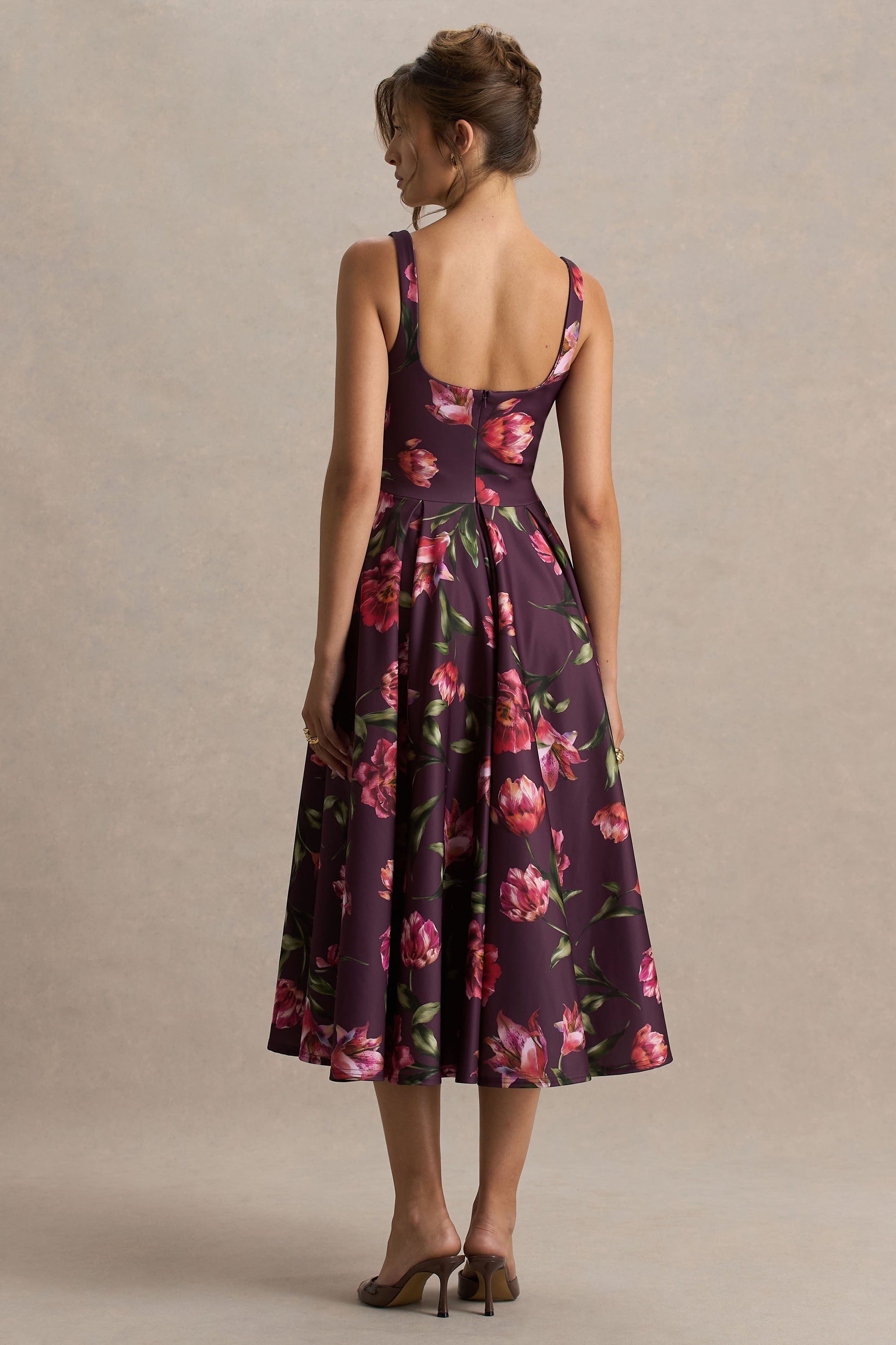 Berta | Burgundy Floral Print Square-Neck Midi Dress-Sowoom