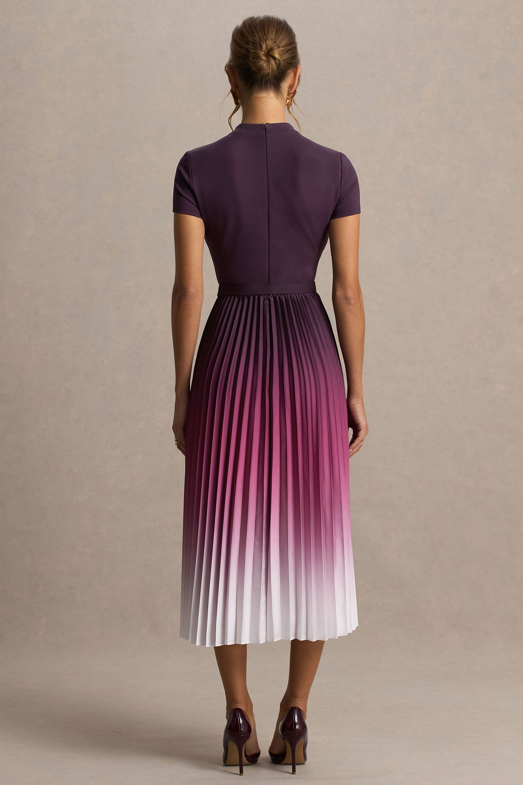 Libby | Burgundy Ombre Woven High-Neck Midi Dress With Pleated Detailing-Sowoom