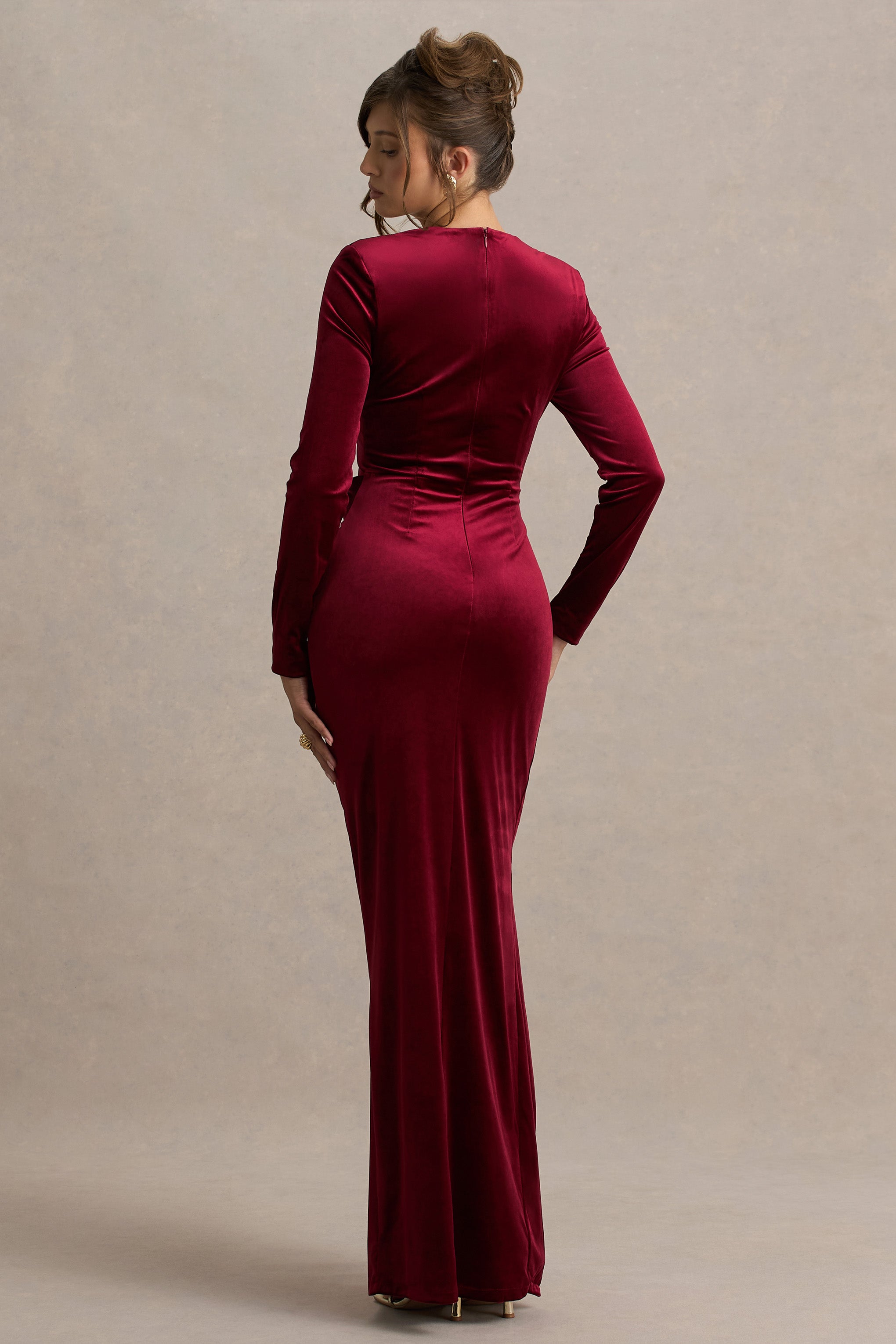 Fay | Berry Velvet Corset Style Knot Maxi Dress-Sowoom