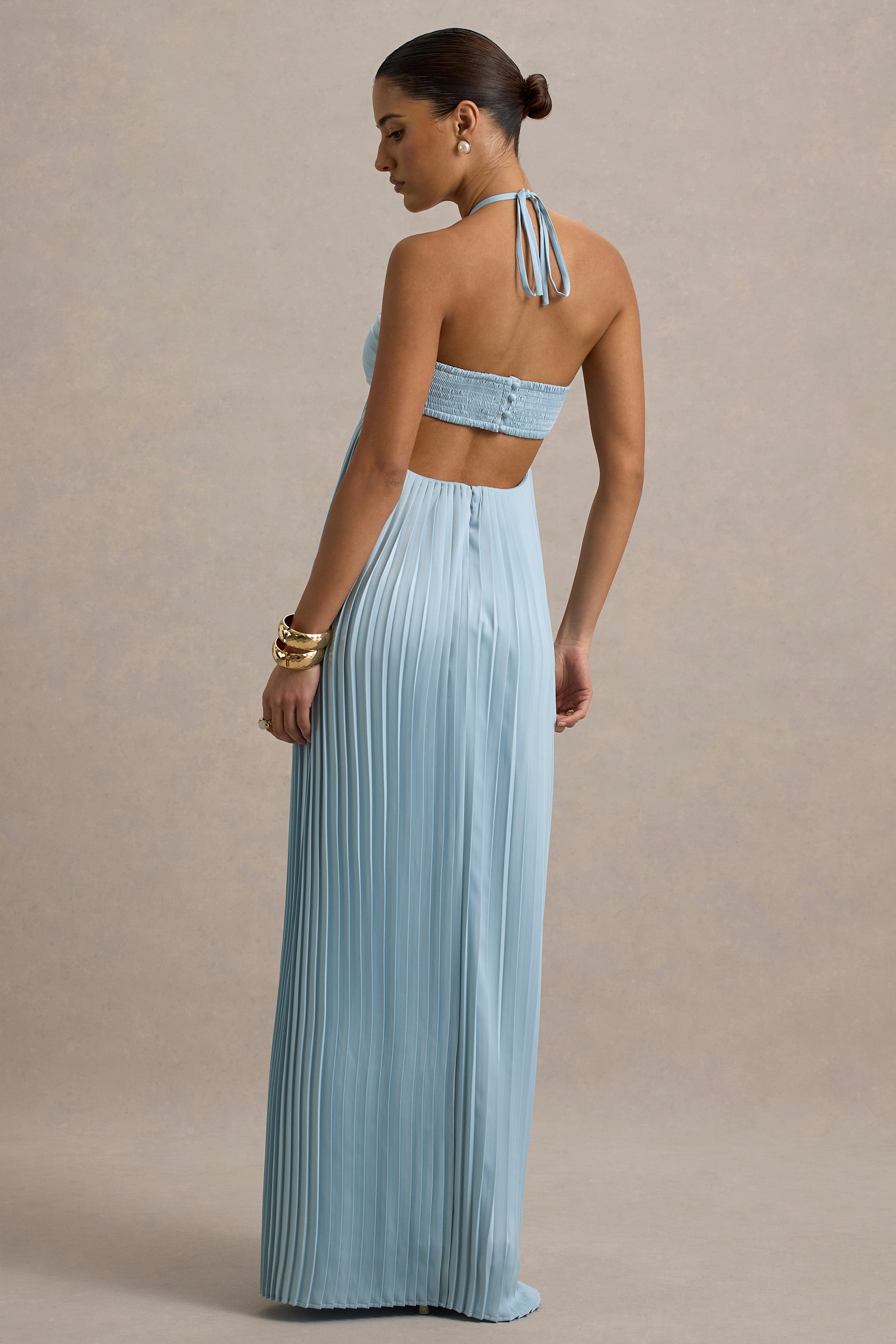 Elayne | Powder Blue Halter-Neck Maxi Dress With Cut-Out Detail-Sowoom