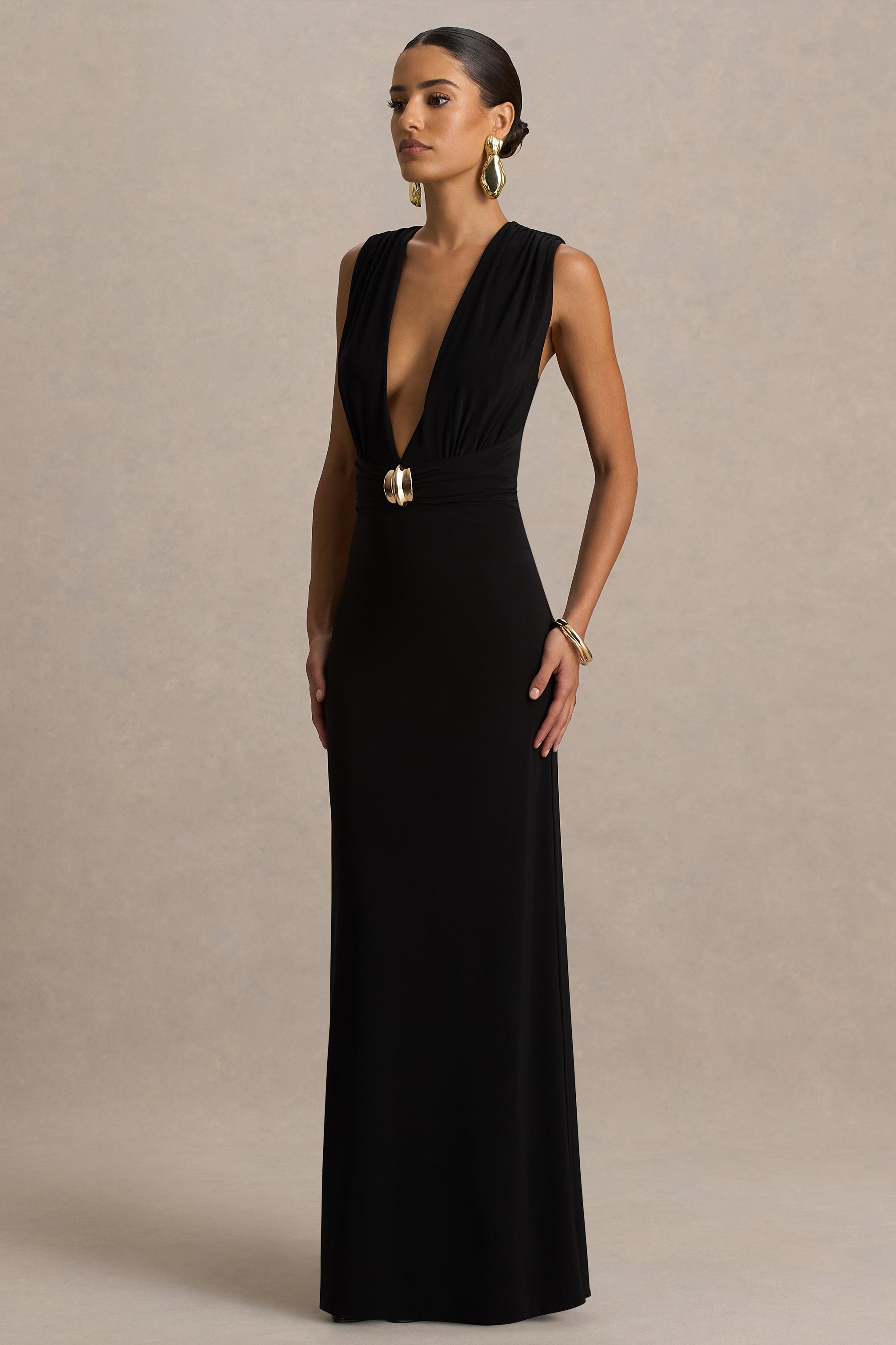 Alena | Black Extreme-Plunge Neck Maxi Dress With Gold Detail-Sowoom