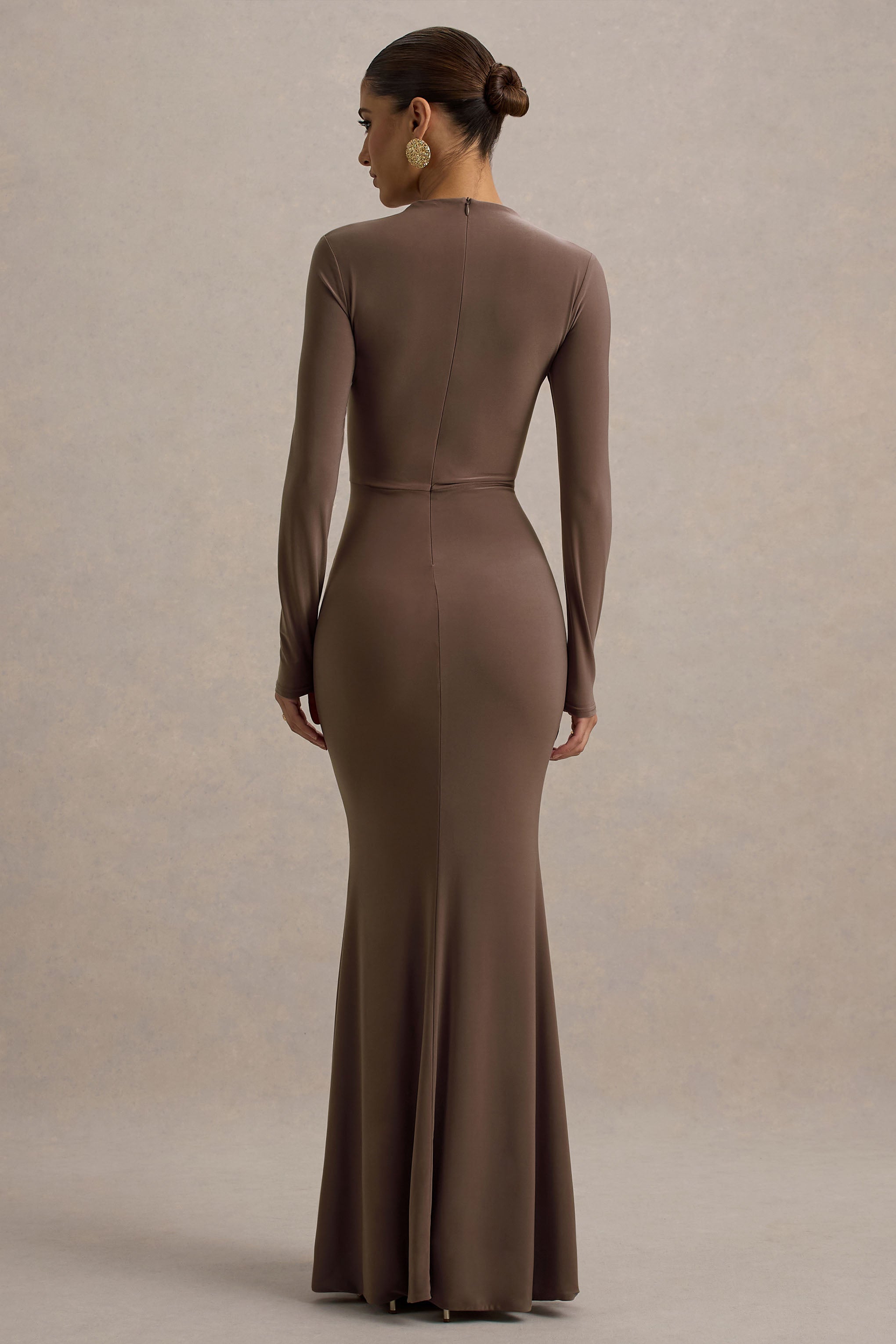 Reid | Brown Long-Sleeve Gathered Maxi Dress-Sowoom