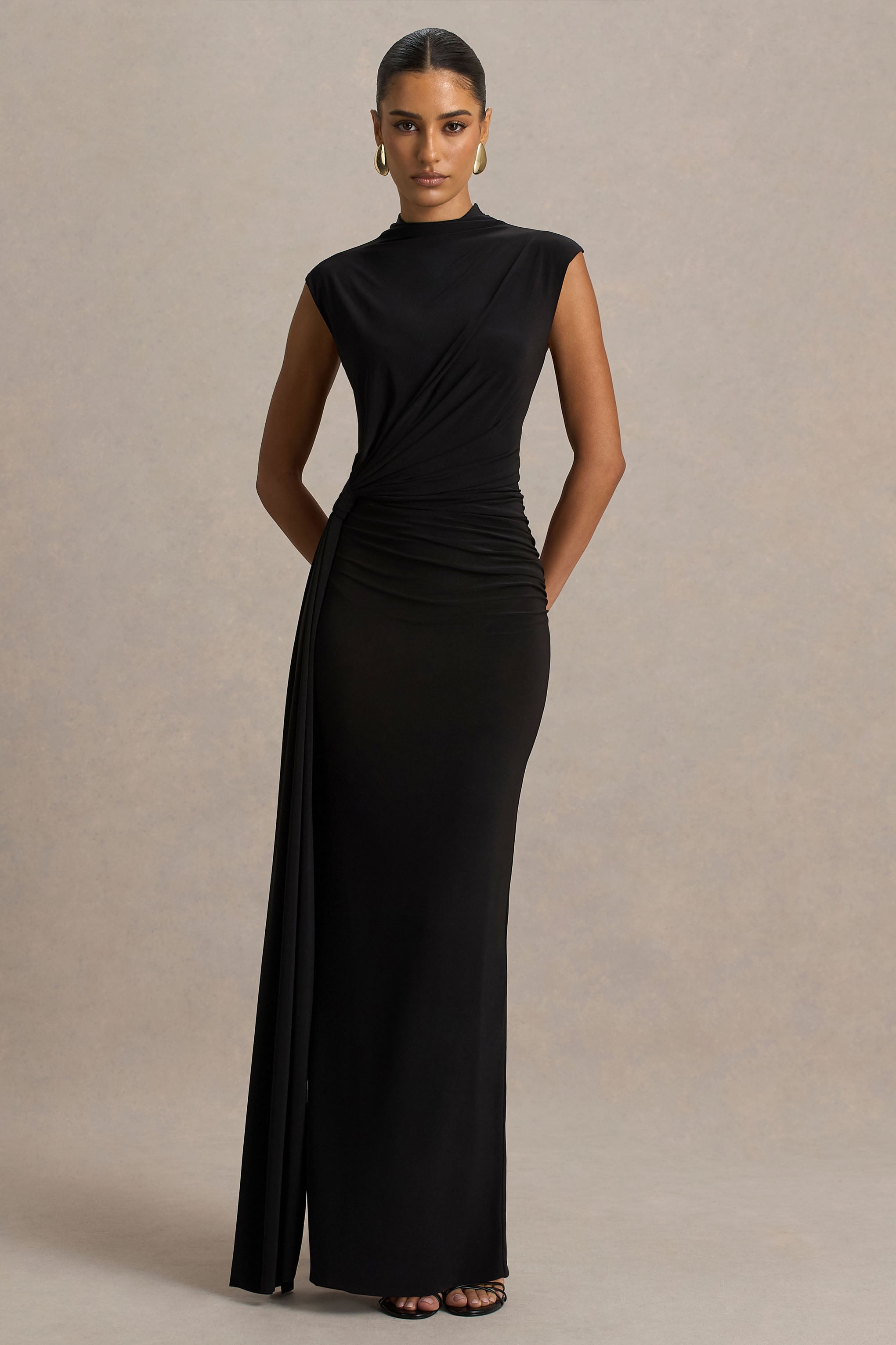 Solene | Black High-Neck Maxi Dress With Wrap And Drape Detail-Sowoom