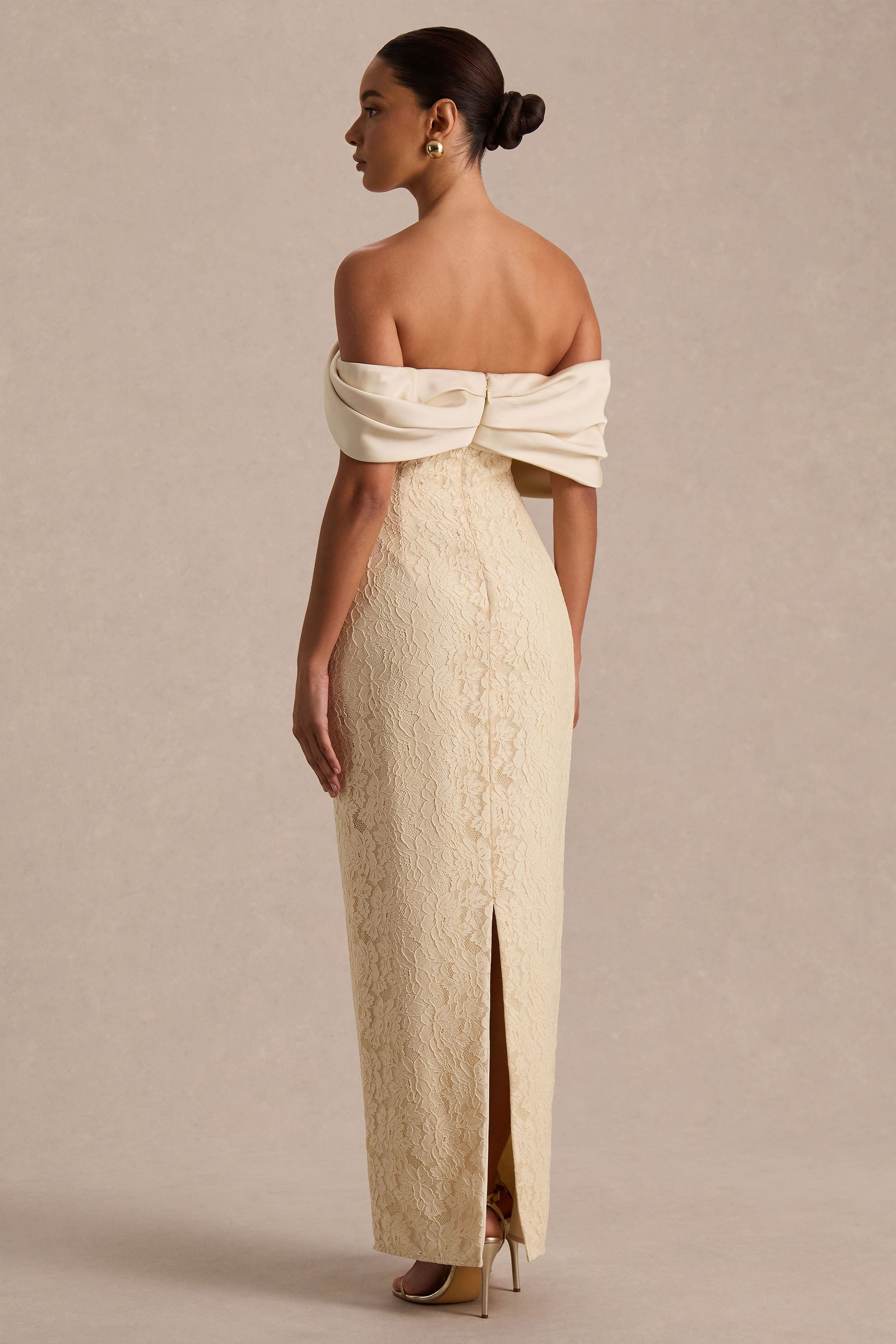 Solora | Cream Lace Twisted Bardot-Neck Maxi Dress-Sowoom