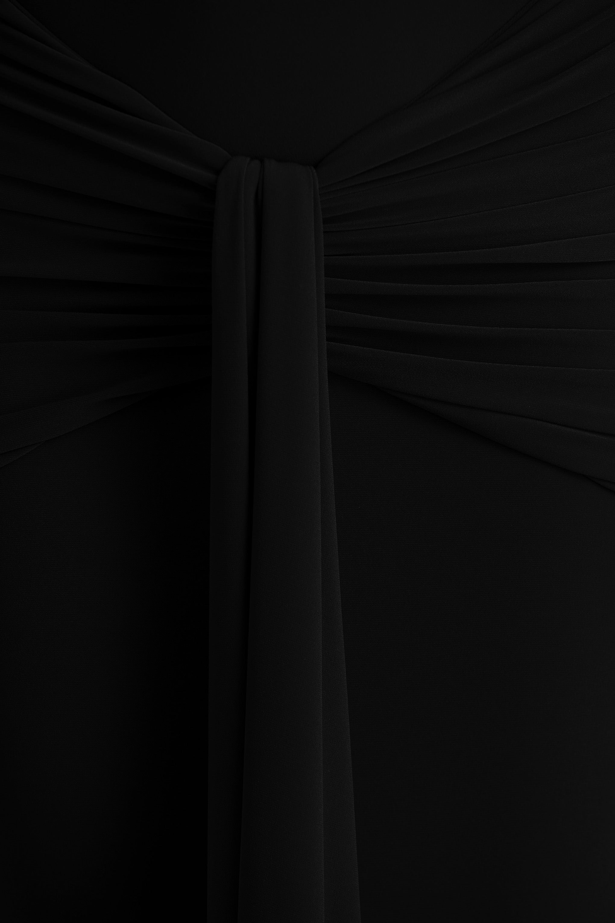 Envisioned | Black Bardot-Neck Maxi Dress With Gathered And Drape Detail-Sowoom