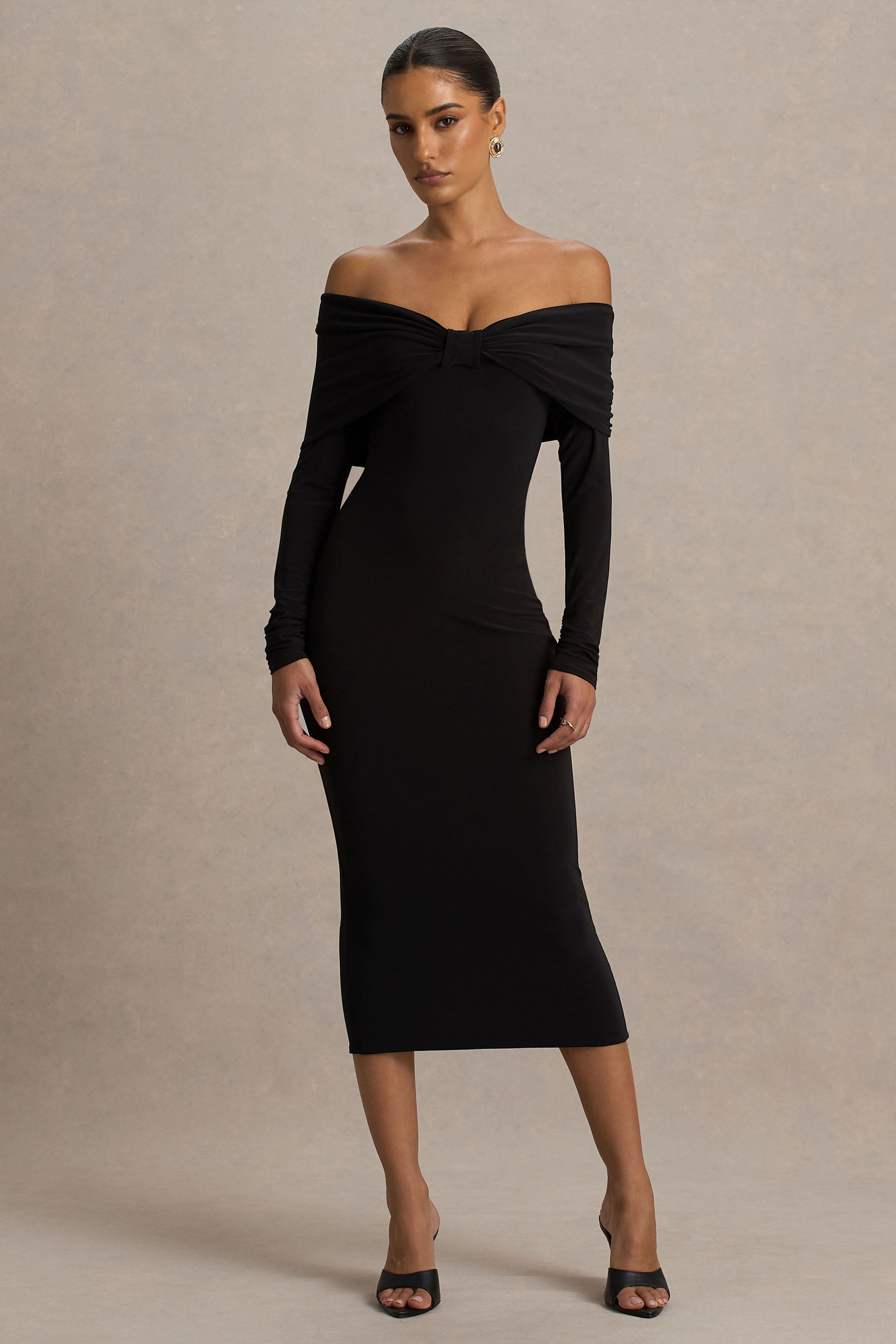 Spark | Black Bardot-Neck Midi Dress With Bow Detail-Sowoom