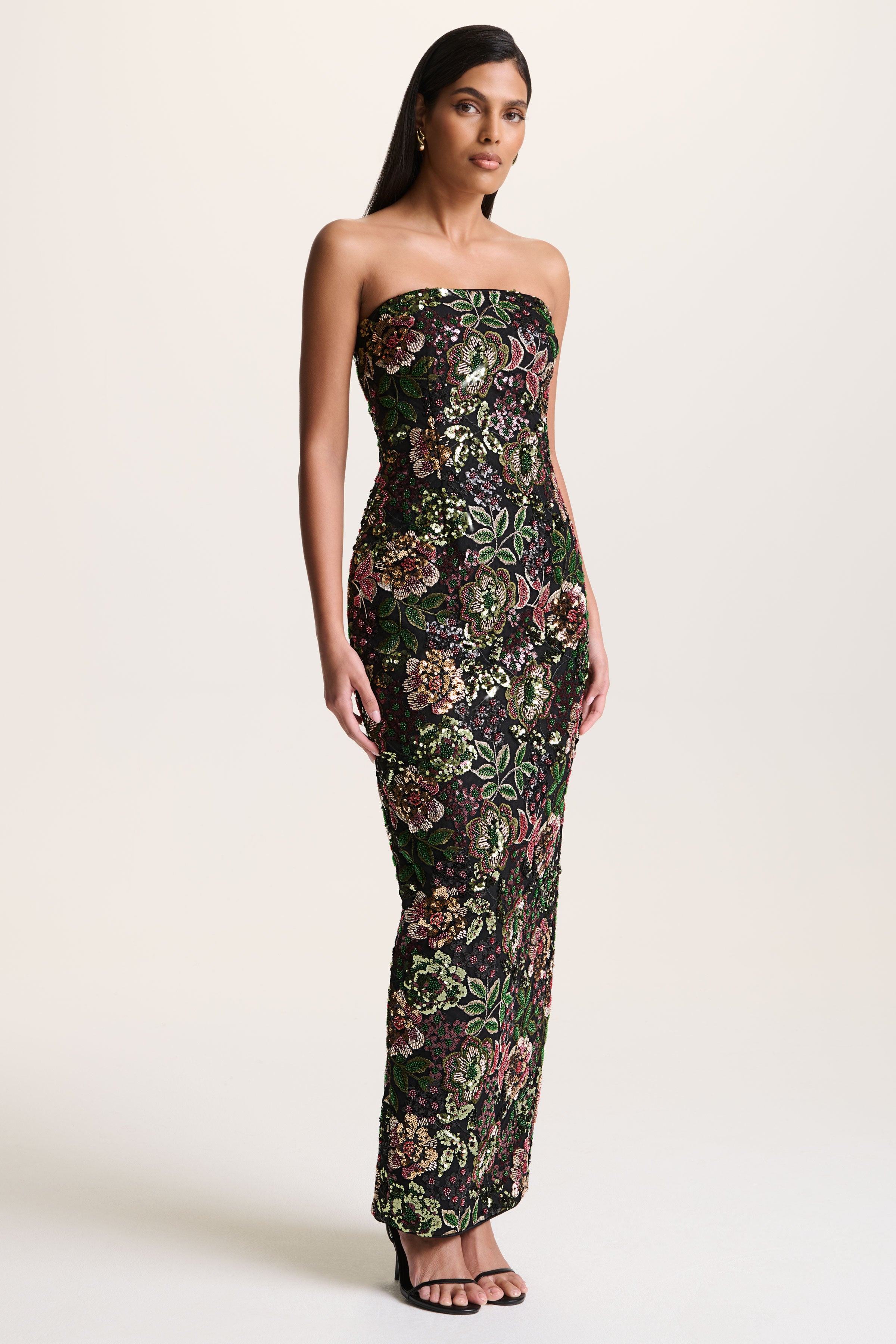 Cora | Winter Floral Embellished Mesh Bandeau Maxi Dress With Scarf-Sowoom