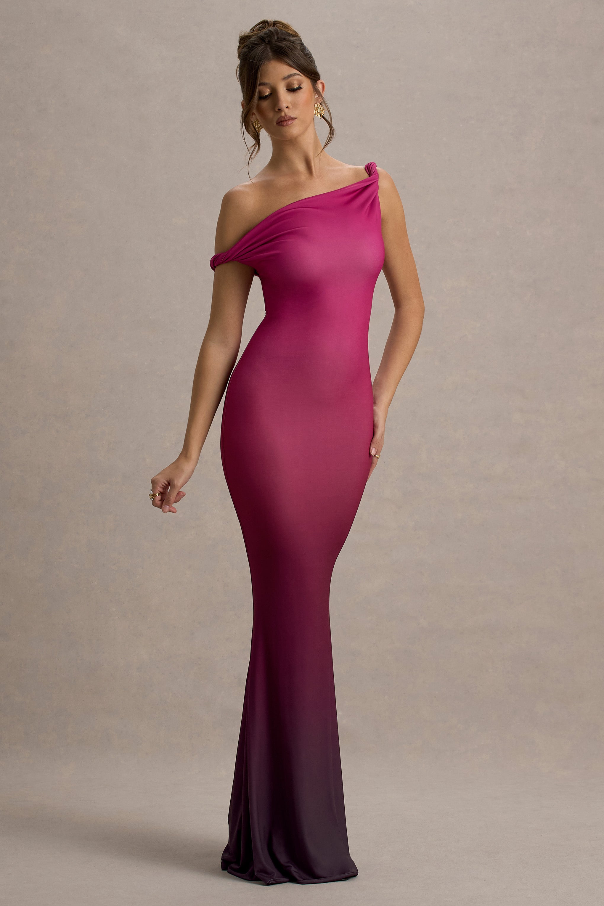 Exotic | Berry Ombre Twisted Asymmetric Maxi Dress-Sowoom