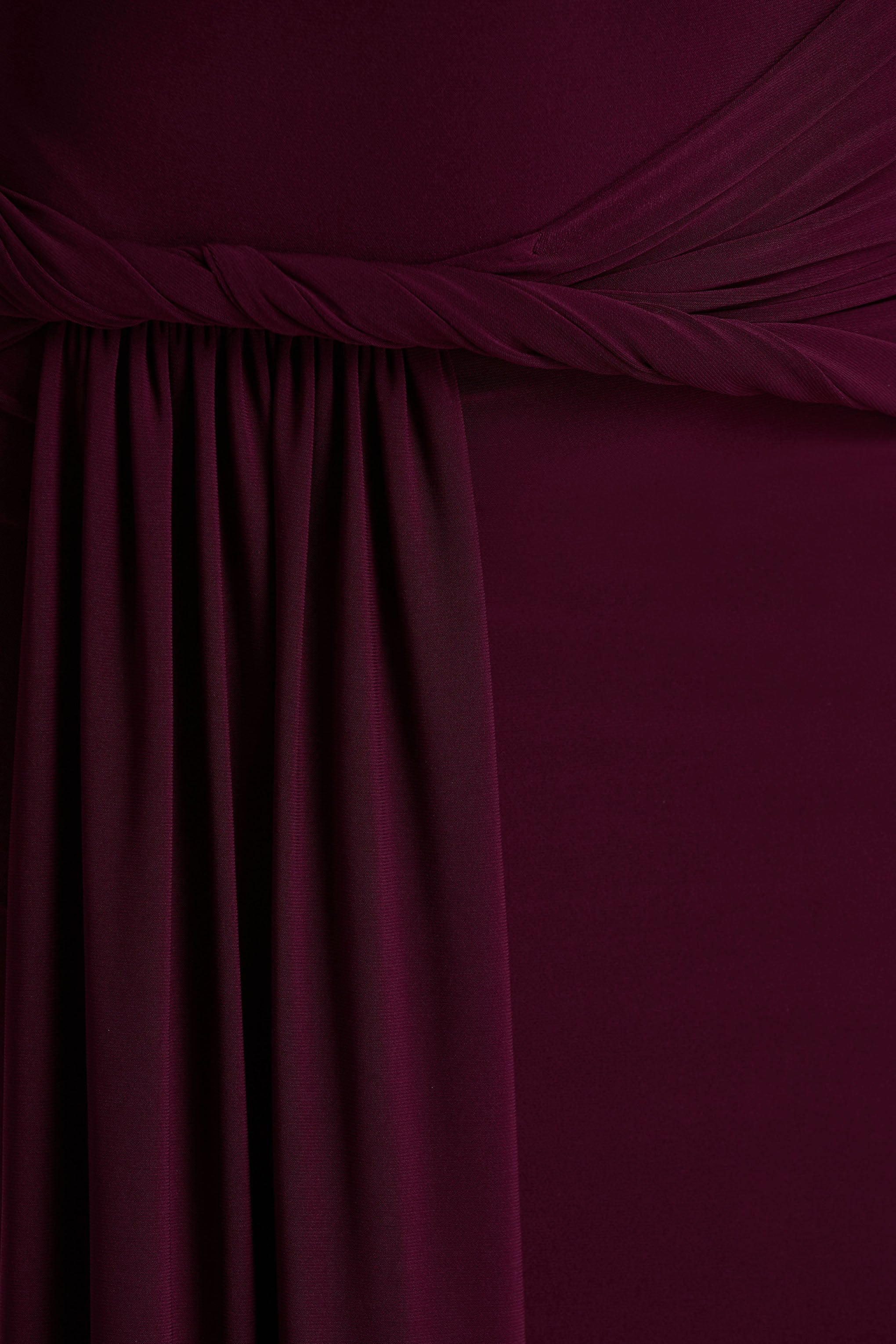 Tulisa | Burgundy Asymmetric-Neck Maxi Dress With Twist Sleeves And Ruched Detailing-Sowoom