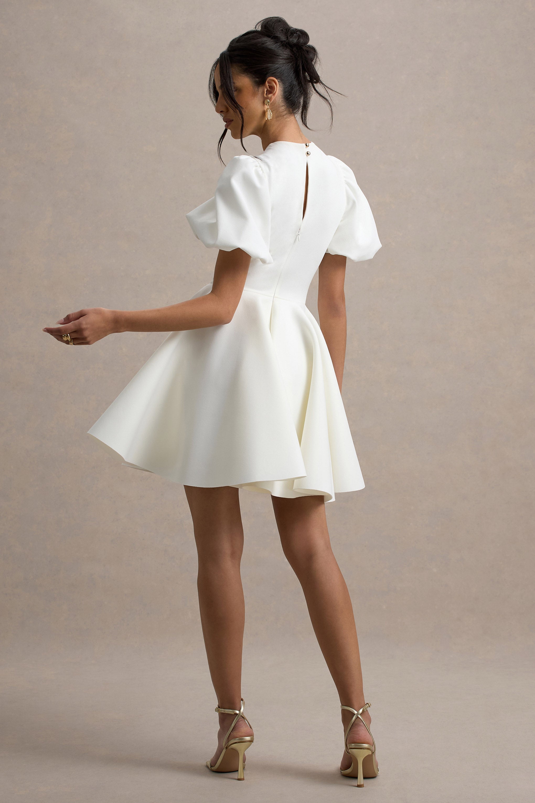 Emelia | White Puff-Sleeve Skater Mini Dress-Sowoom