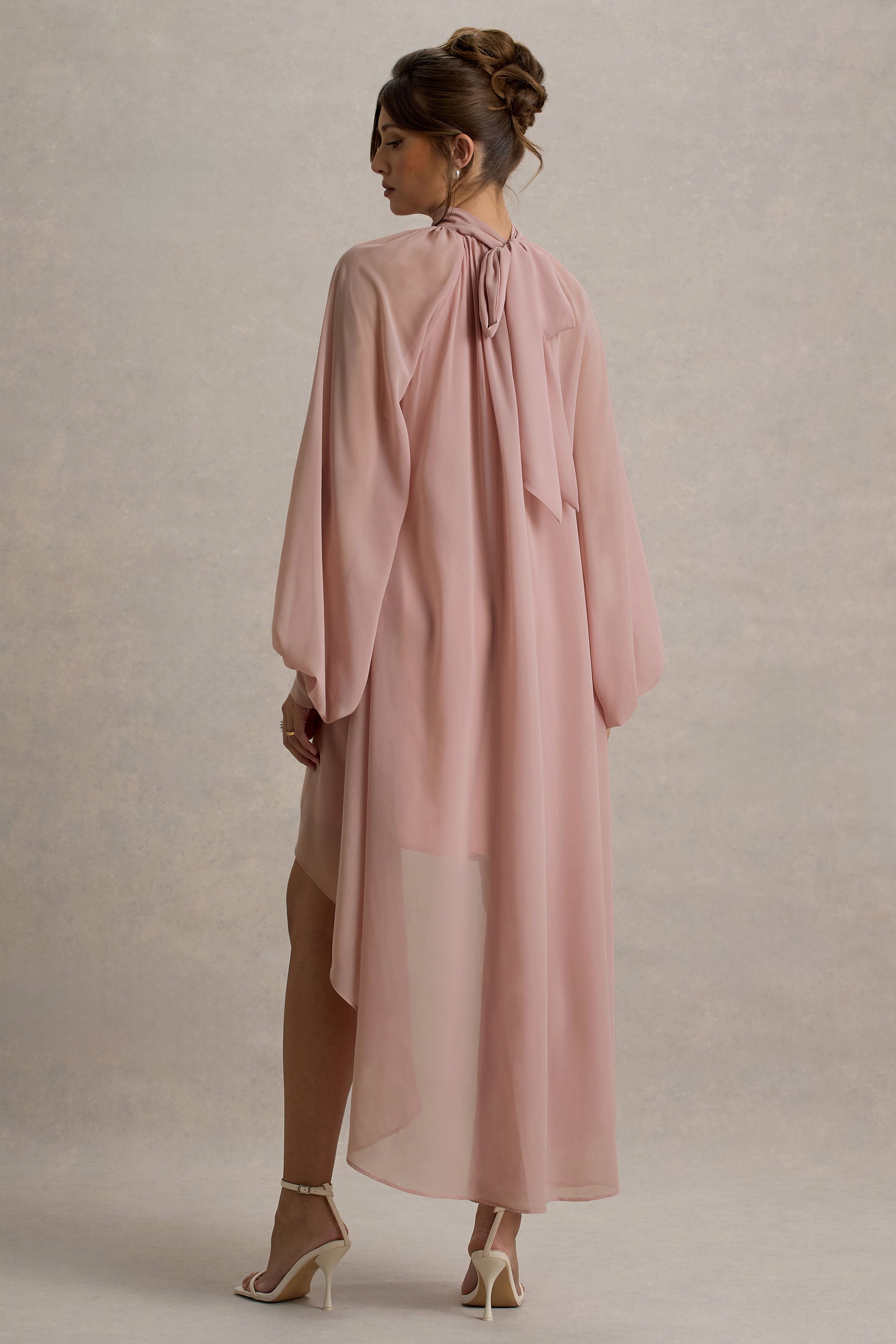 Delphia | Pale Pink High-Neck Maxi Dress With High-Low Hem-Sowoom
