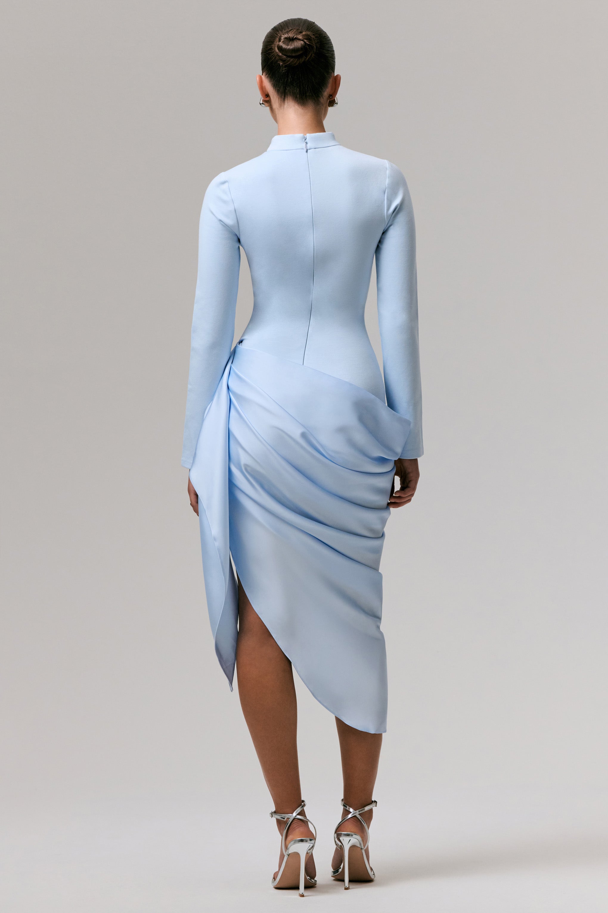 Raffie | Powder Blue Long-Sleeve Midi Dress With Satin Wrap Skirt-Sowoom
