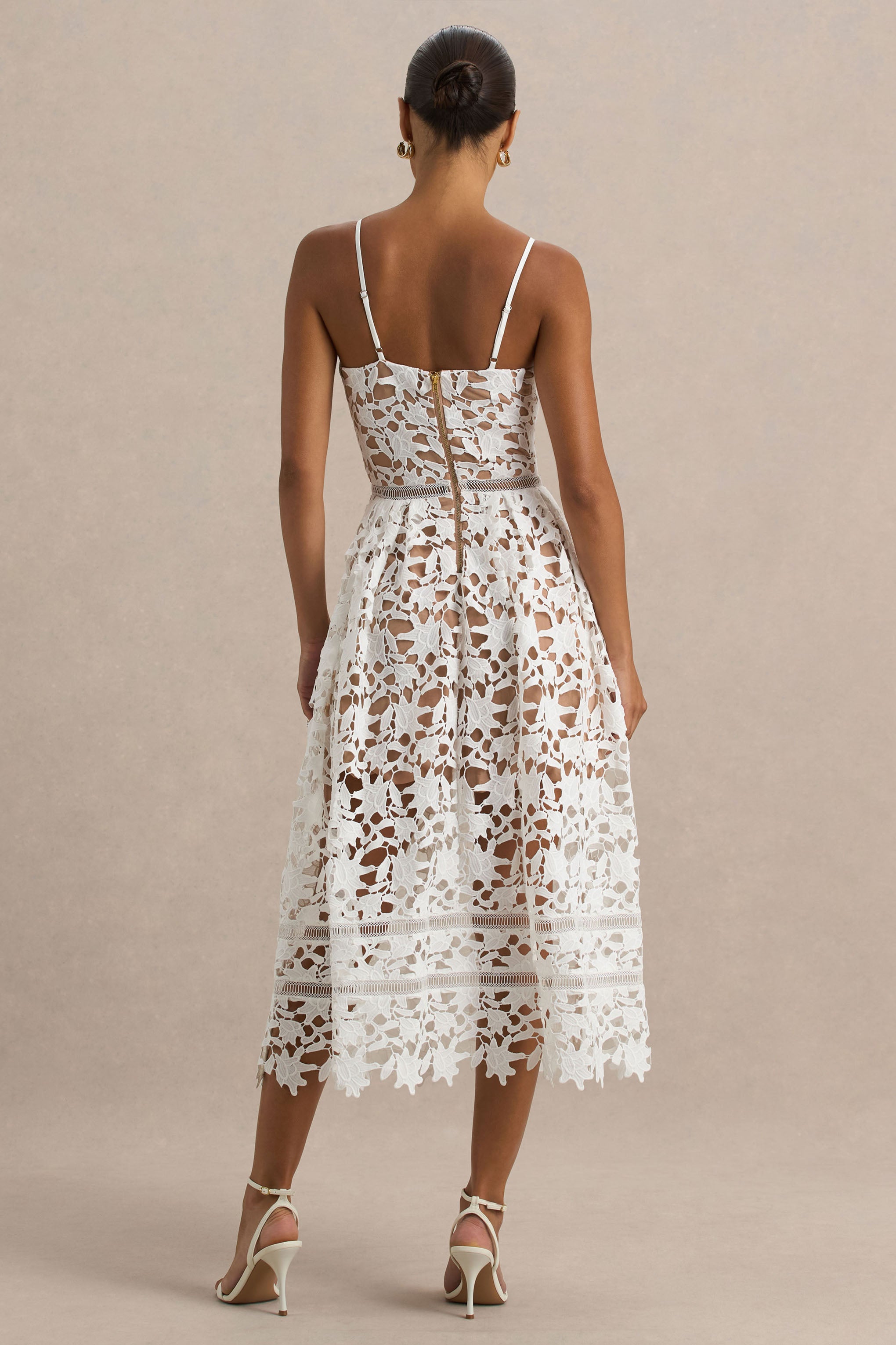 Zuri | White Lace Sweetheart Midi Dress With Cami Straps-Sowoom