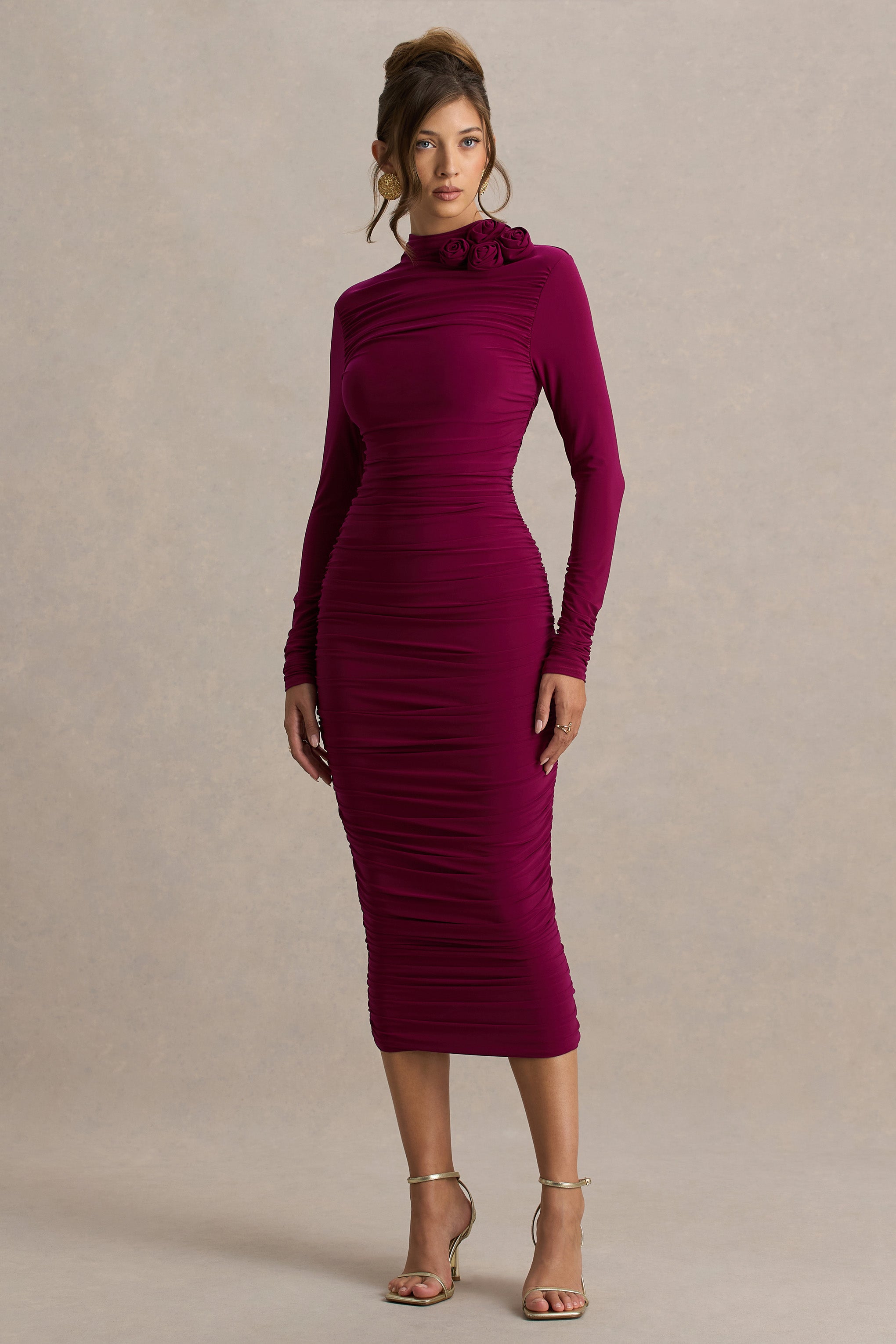 Tamara | Burgundy Long-Sleeve Ruched Midi Dress-Sowoom
