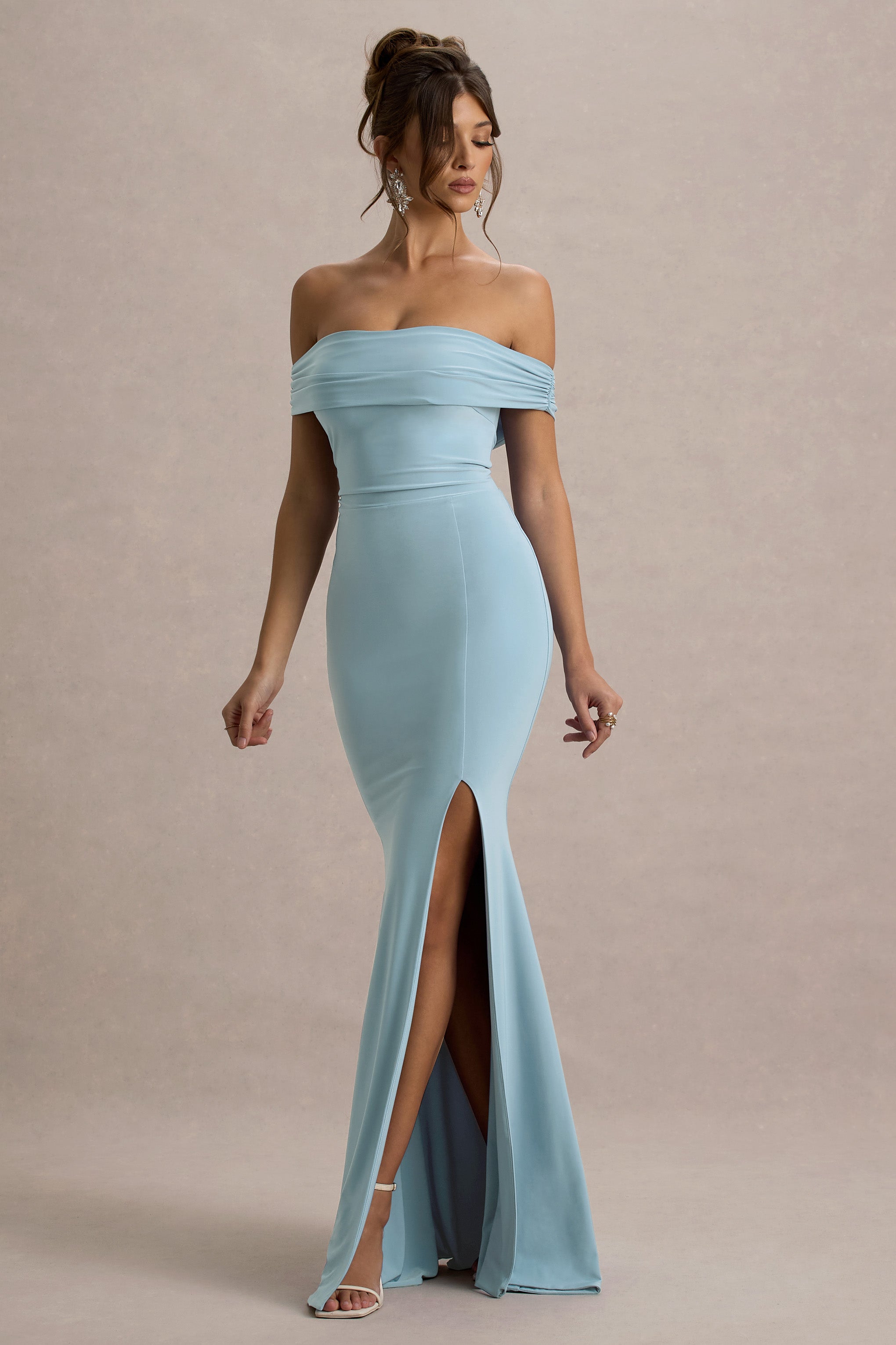 Law of Attraction | Powder Blue Bardot Draped Split Maxi Dress-Sowoom