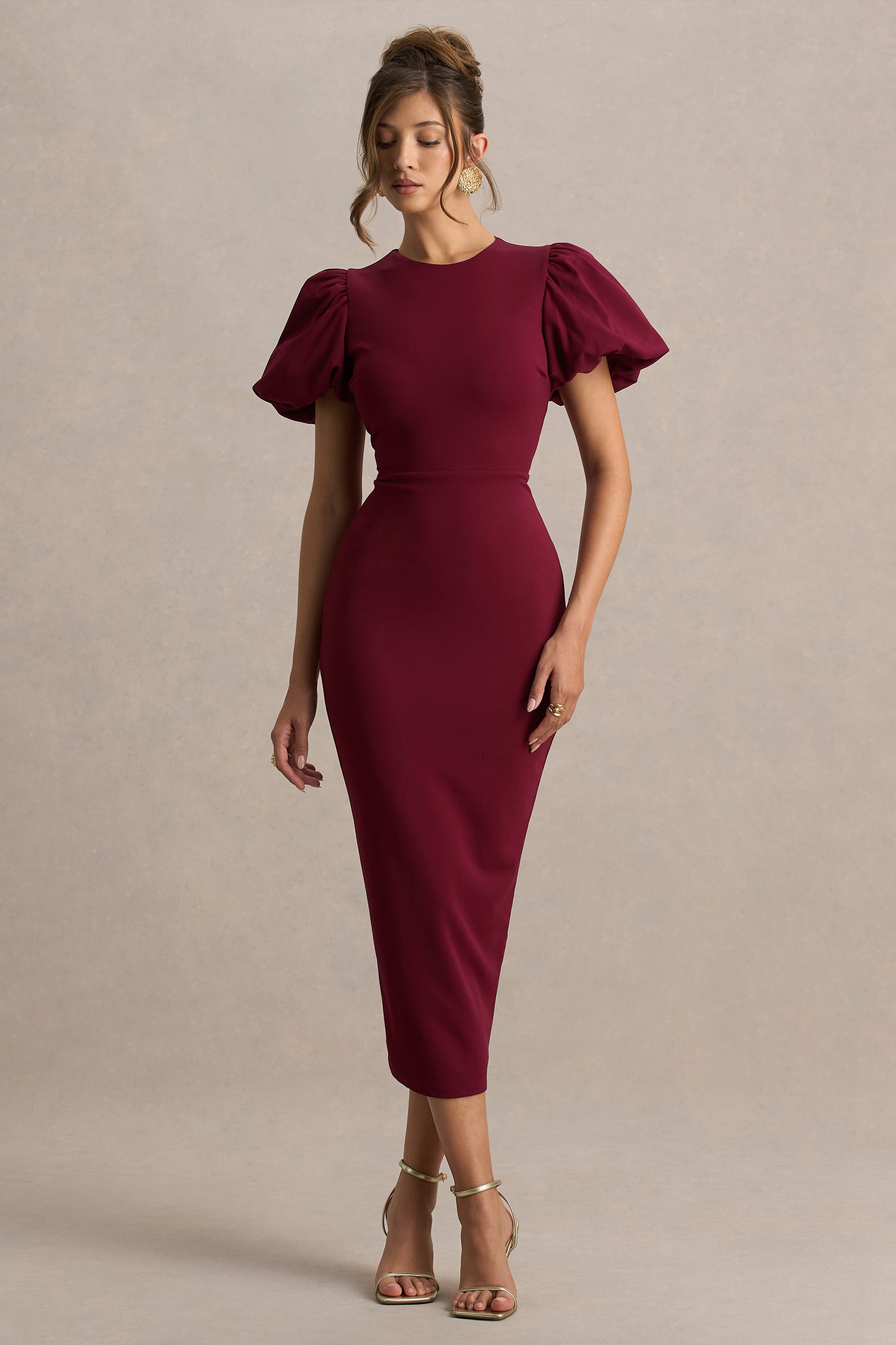Dakota | Burgundy Puff-Sleeve Midi Dress-Sowoom