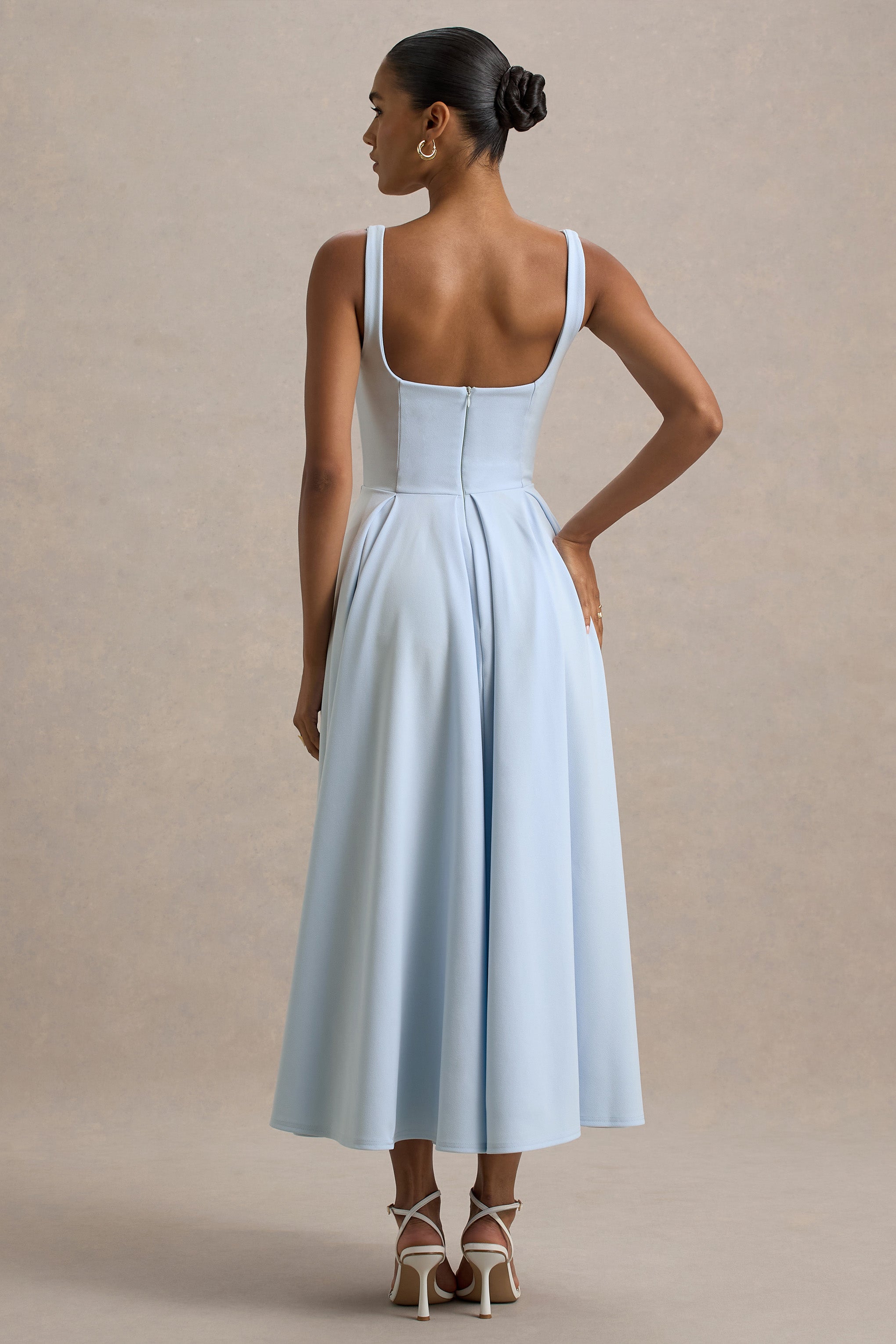 Parina | Powder Blue Strappy Volume-Hem Midi Dress-Sowoom