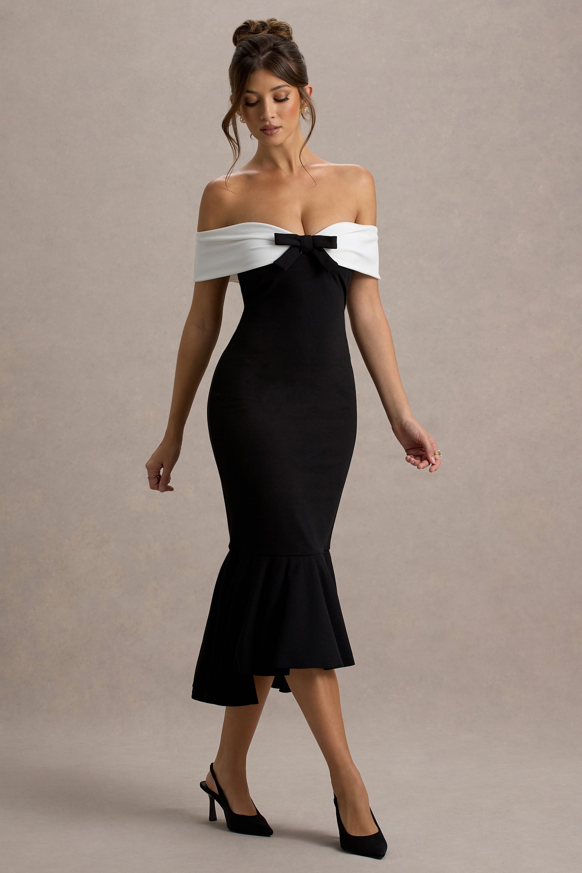 Corola | Black & White Bardot Volume-Hem Midi Dress-Sowoom