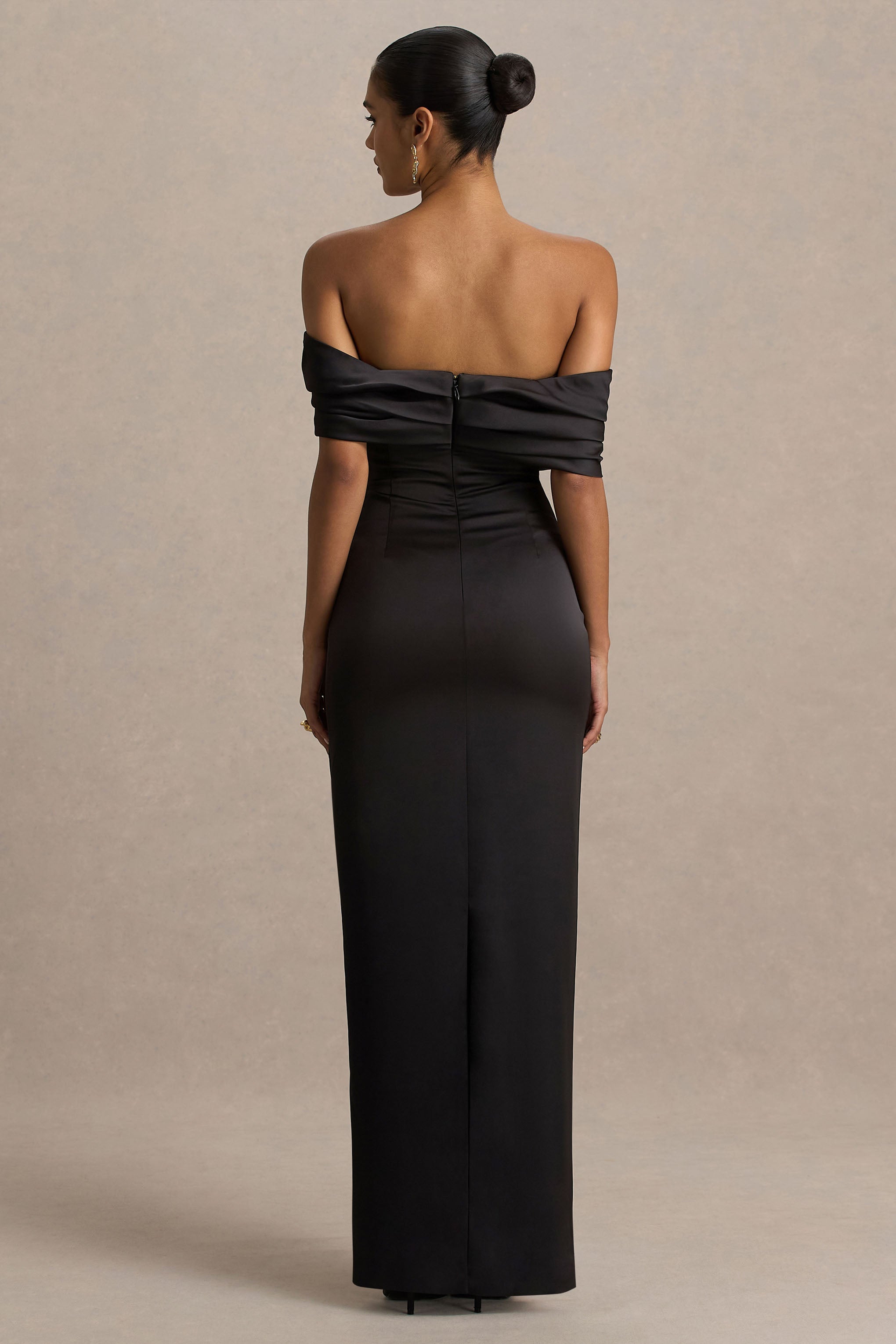 Valeria | Black Satin Twist-Bardot Neck Maxi Dress-Sowoom