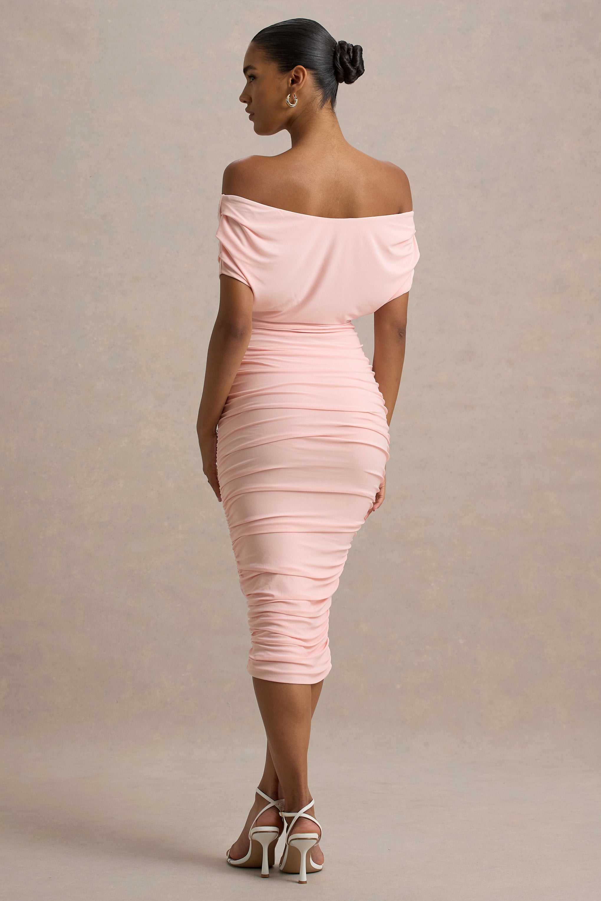 Rayleigh | Pink Bardot Ruched Midi Dress-Sowoom