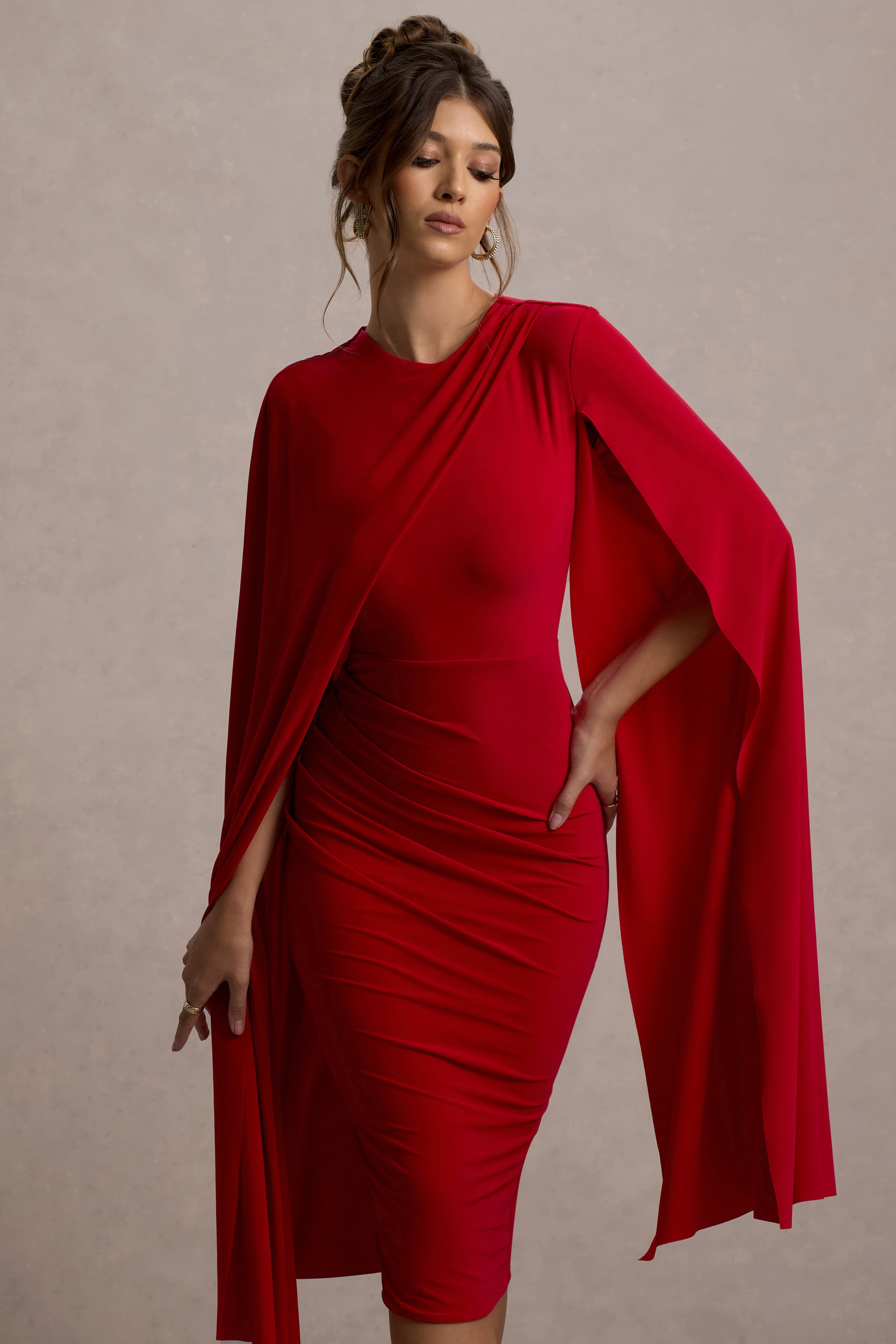 Marysol | Red Asymmetric Cape Midi Dress-Sowoom