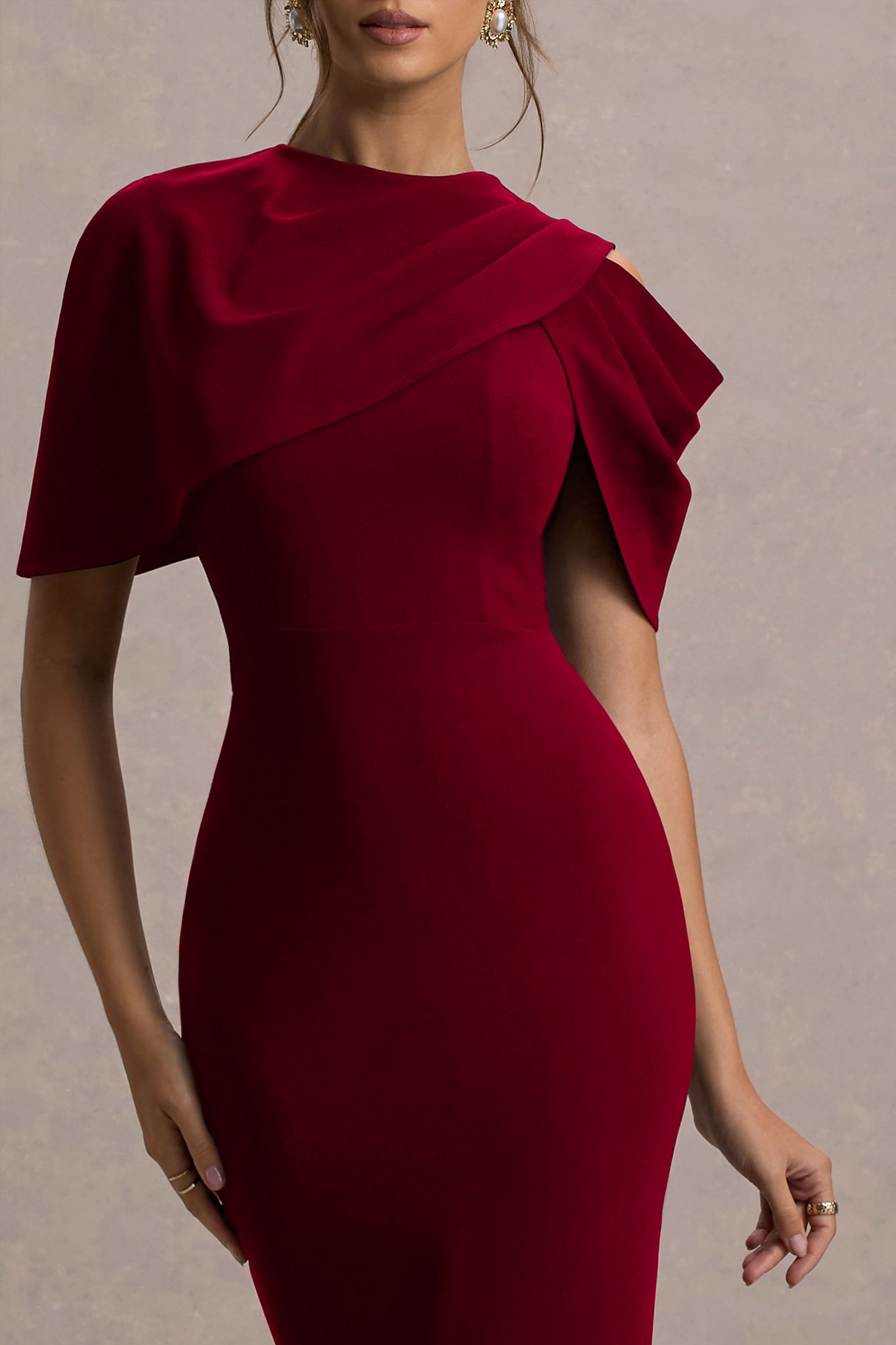 Dorothea | Berry Draped Midi Dress With Cape-Sowoom