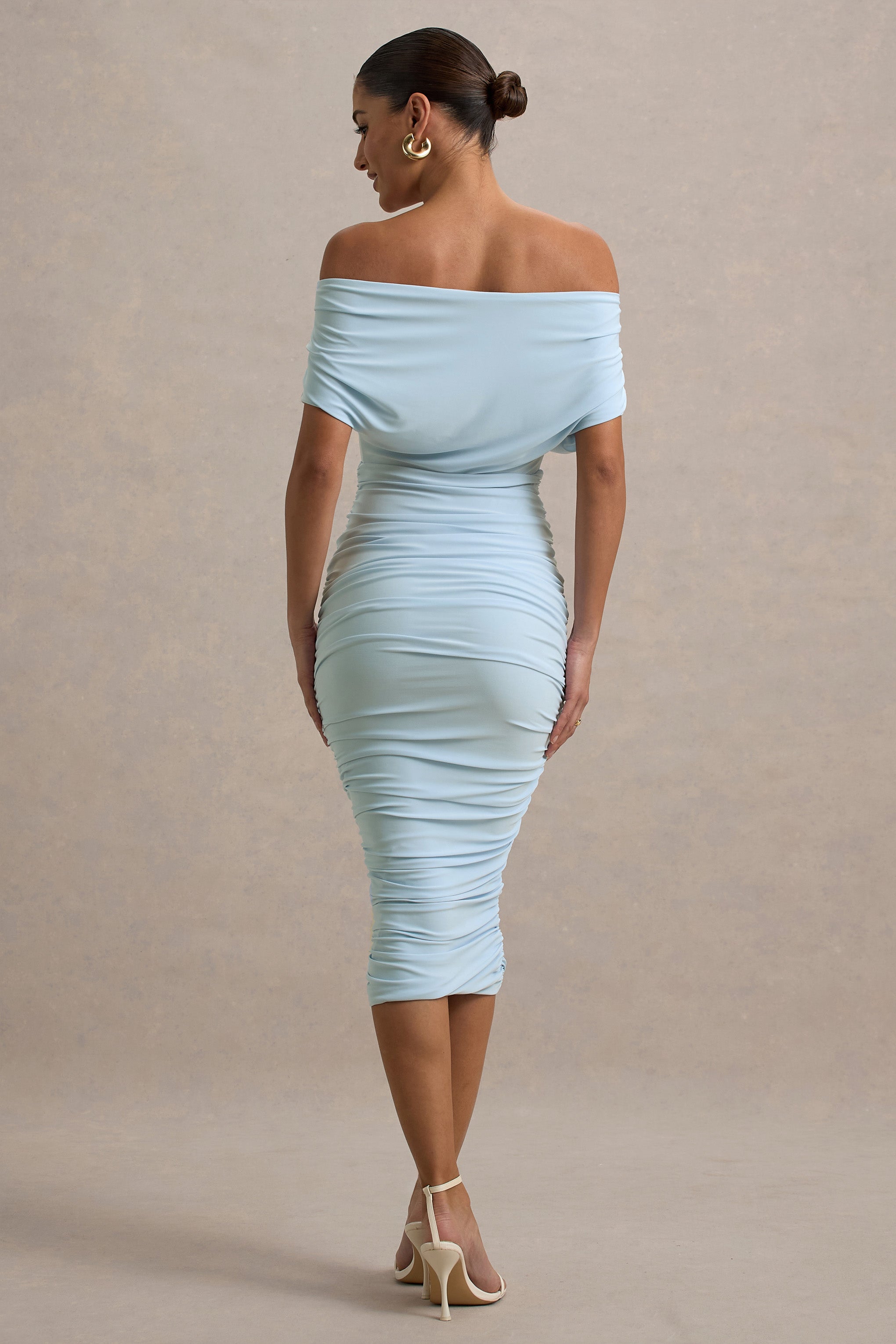 Rayleigh | Powder Blue Bardot Ruched Midi Dress-Sowoom