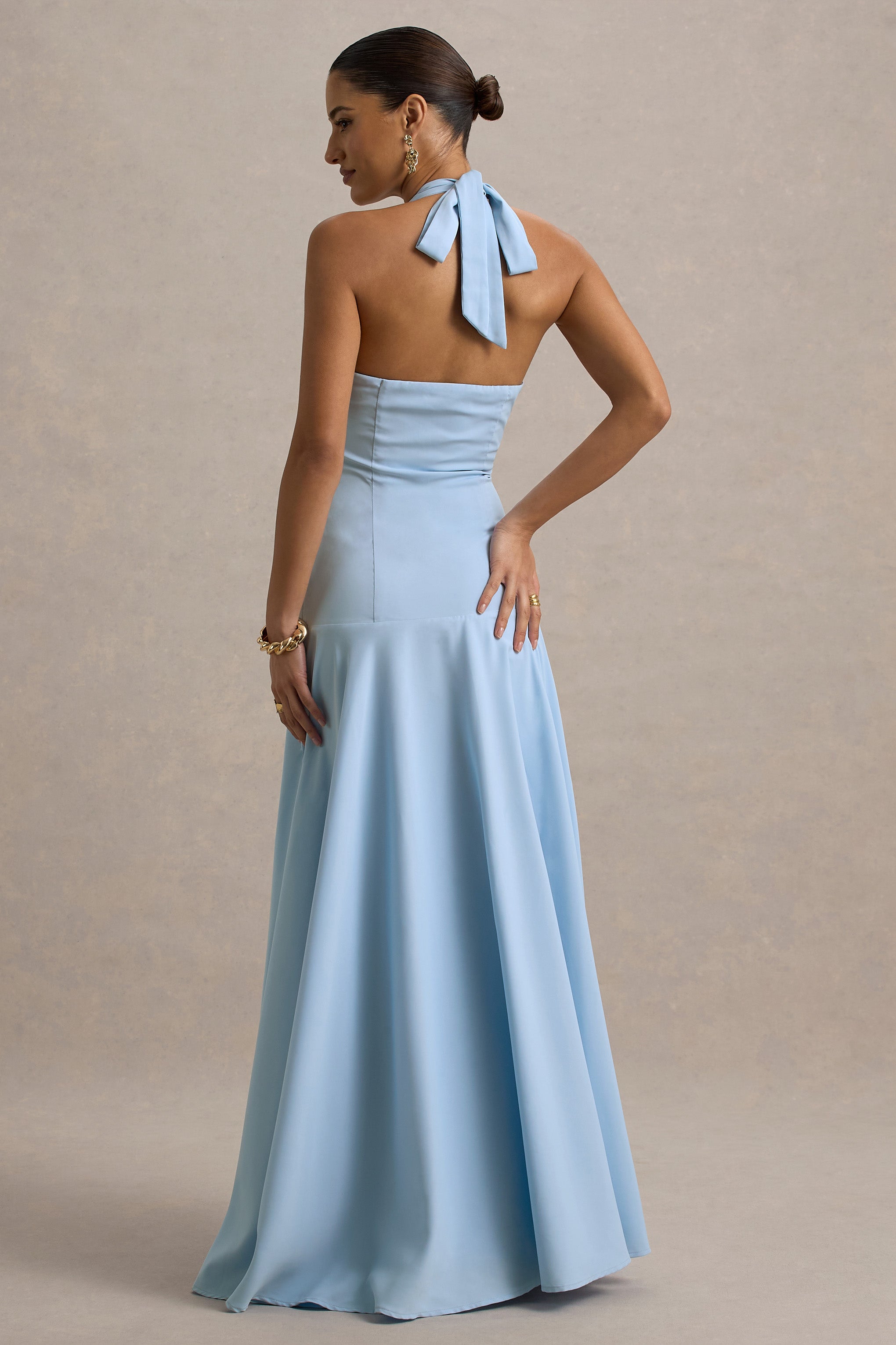 Ginevra | Powder Blue Halter-Neck Slip Maxi Dress-Sowoom