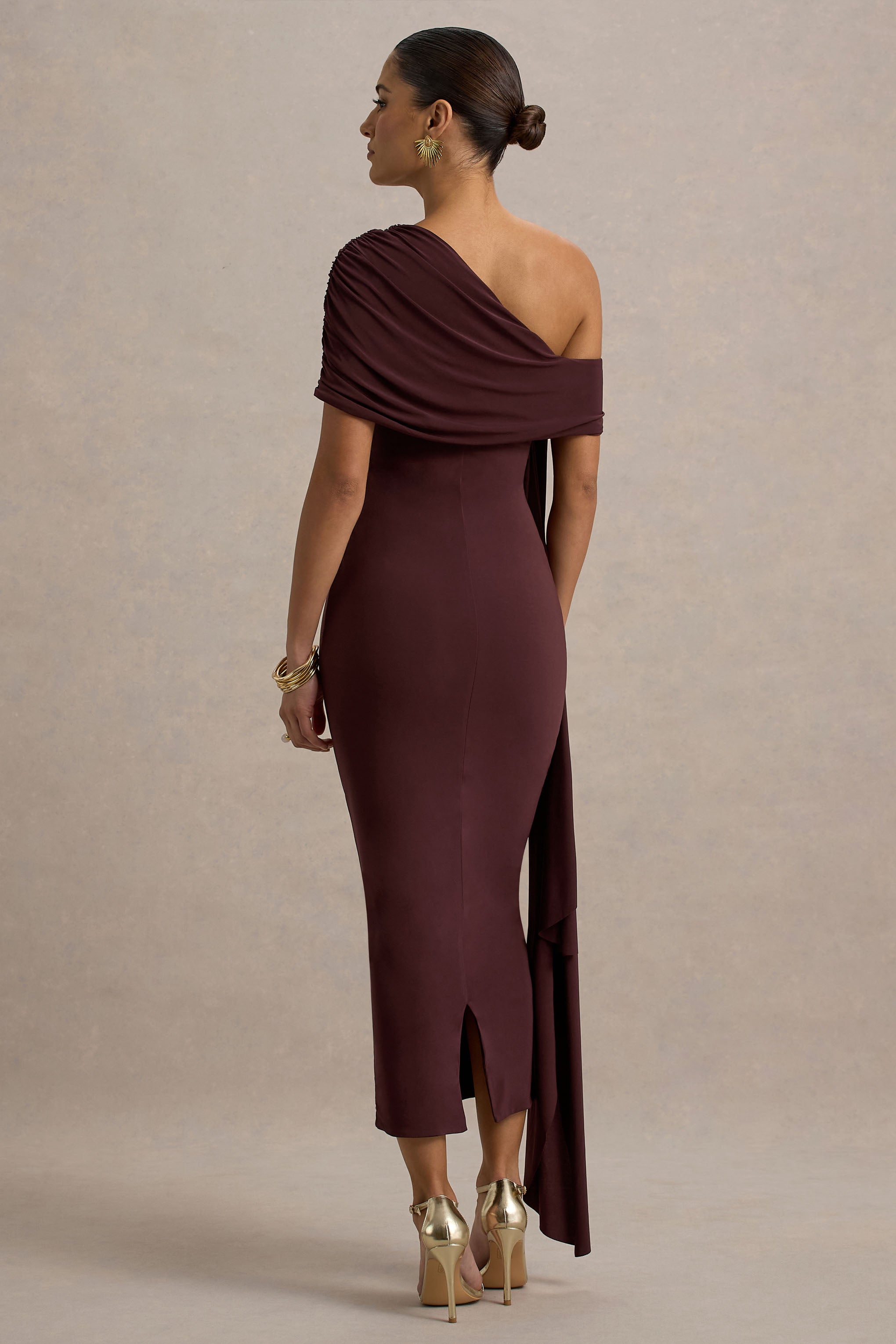 Praia | Chocolate Brown Asymmetric-Neck Midi Dress With Sash and Draped Detailing-Sowoom