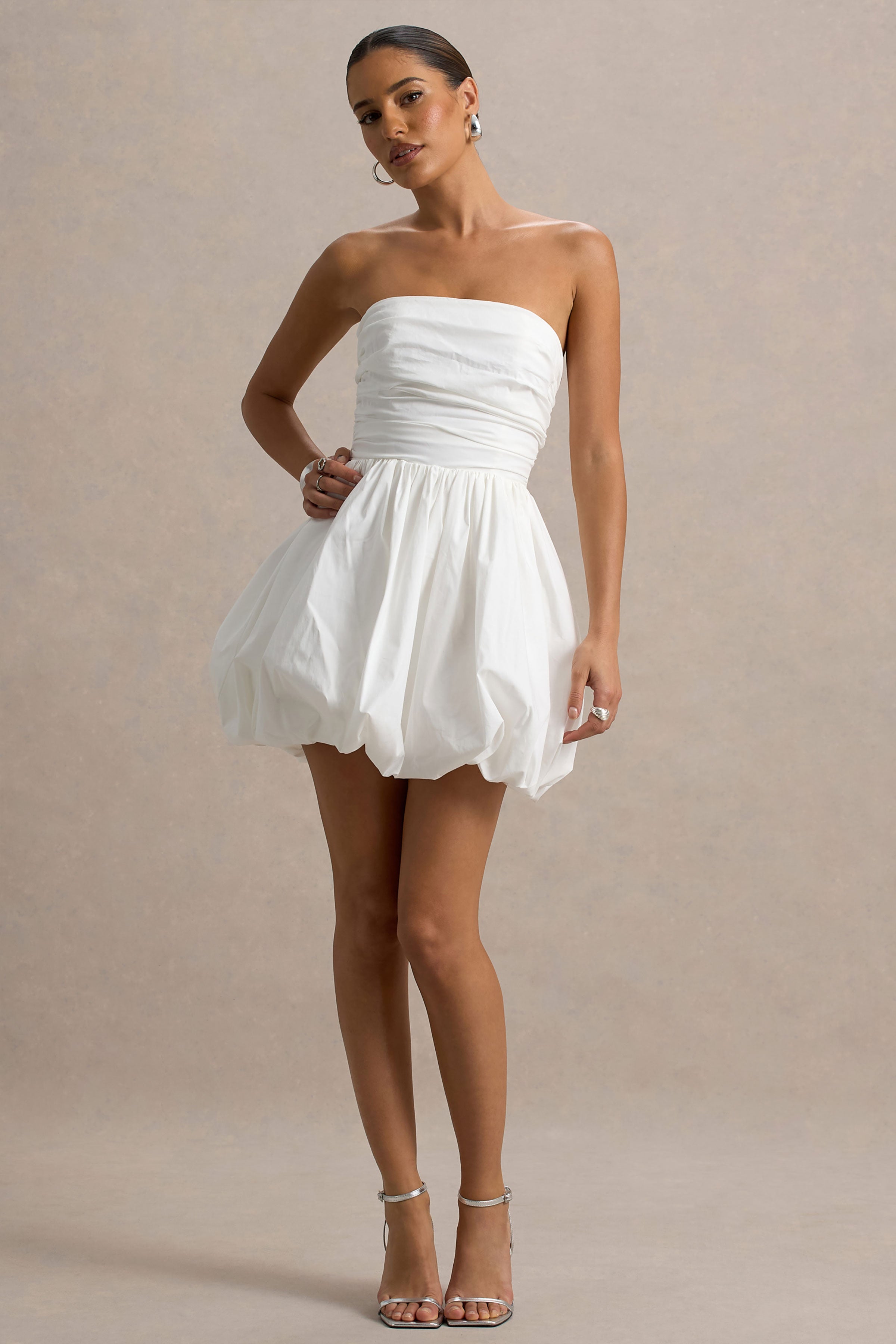 Faye | White Puff Ball Bandeau Micro Mini Dress With Ruching Details-Sowoom