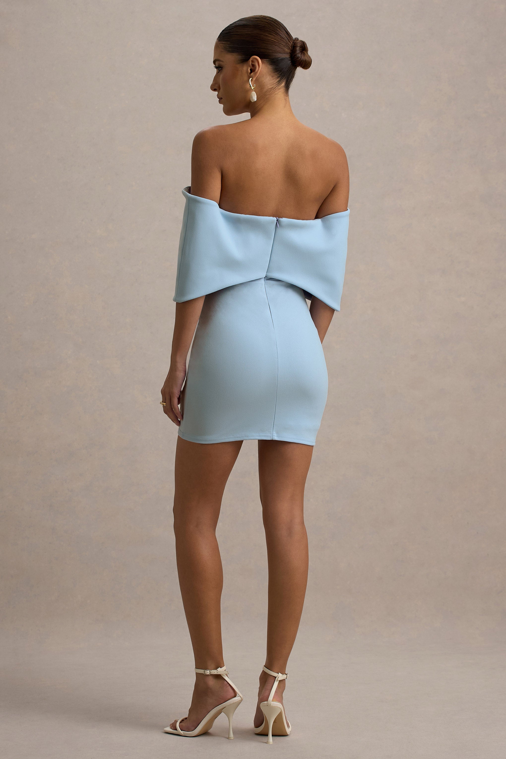 Sadie | Powder Blue Bow Bardot Mini Dress-Sowoom
