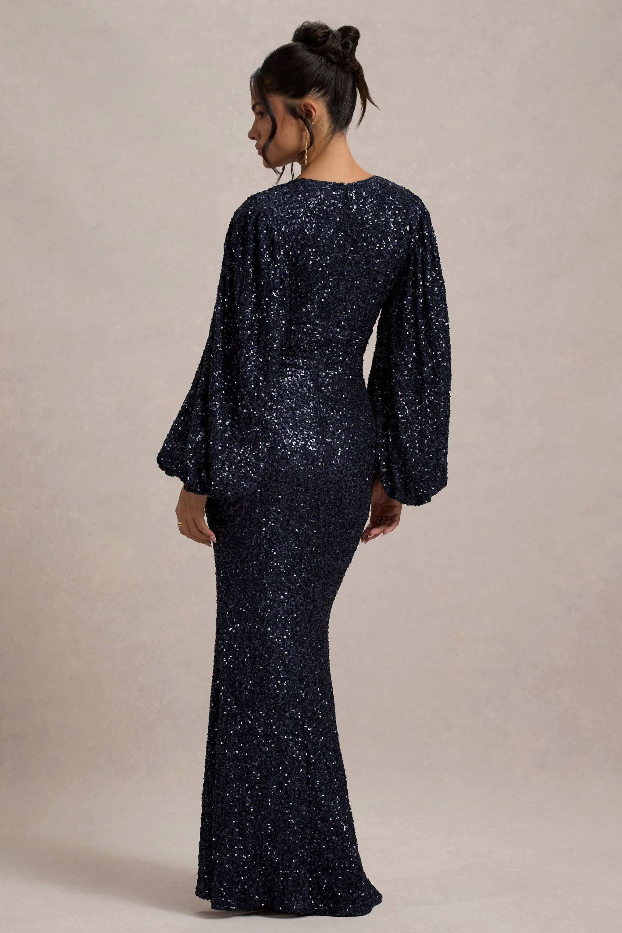 Kaelin | Navy Sequin Plunge-Neck Maxi Dress-Sowoom