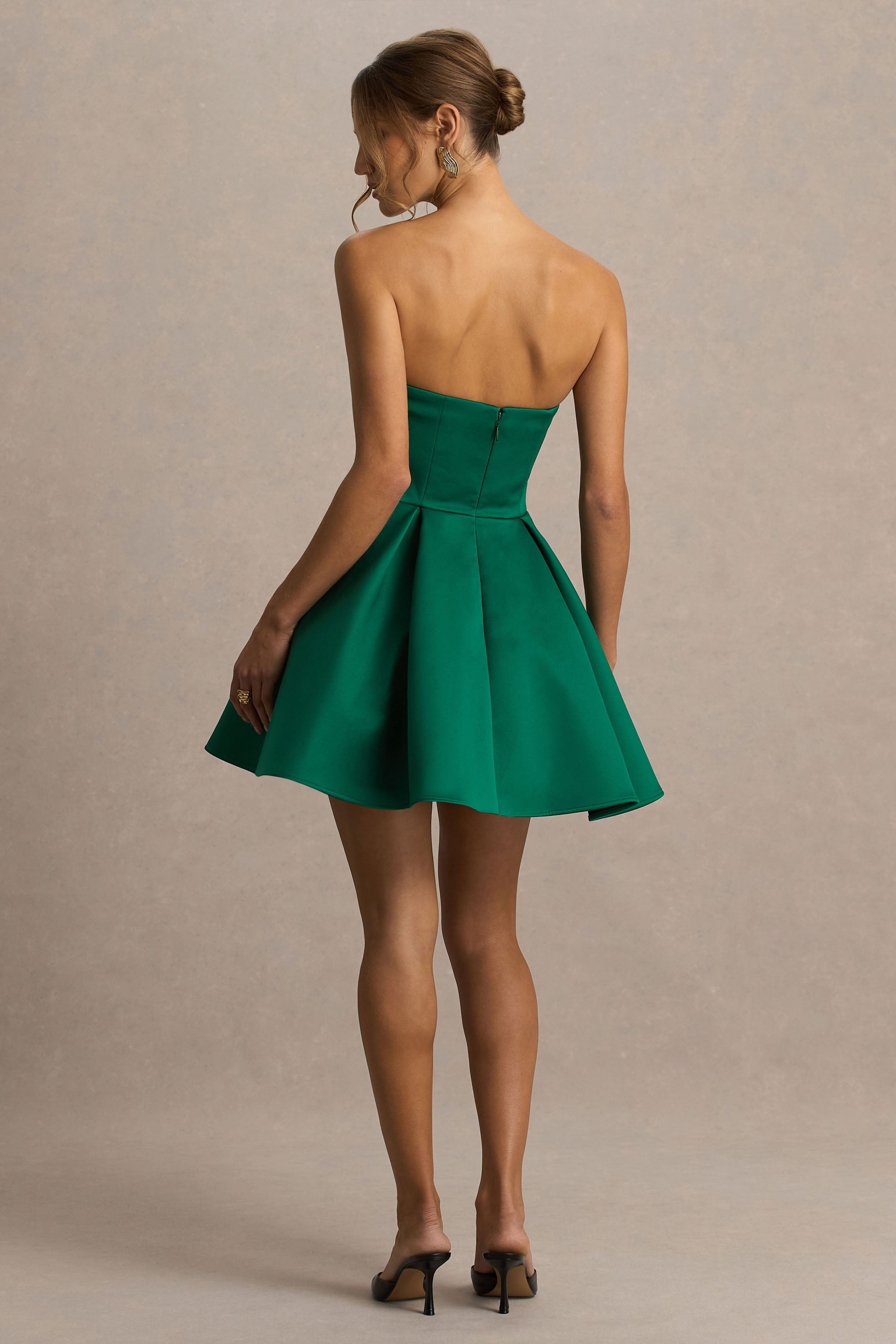 Fleur | Dark Green Satin Bandeau Mini Dress-Sowoom