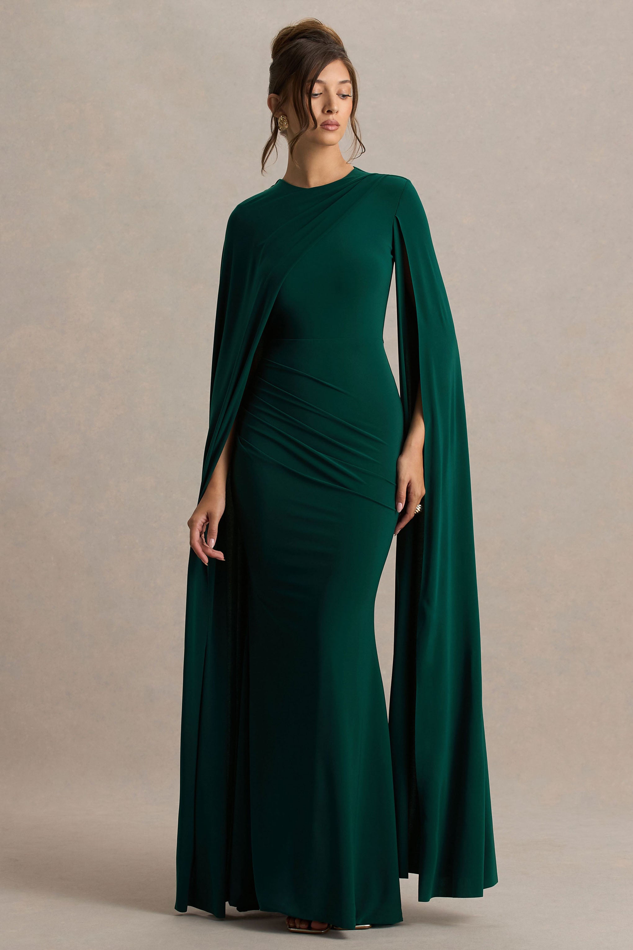 Magdelena | Bottle Green Asymmetric Cape Maxi Dress-Sowoom