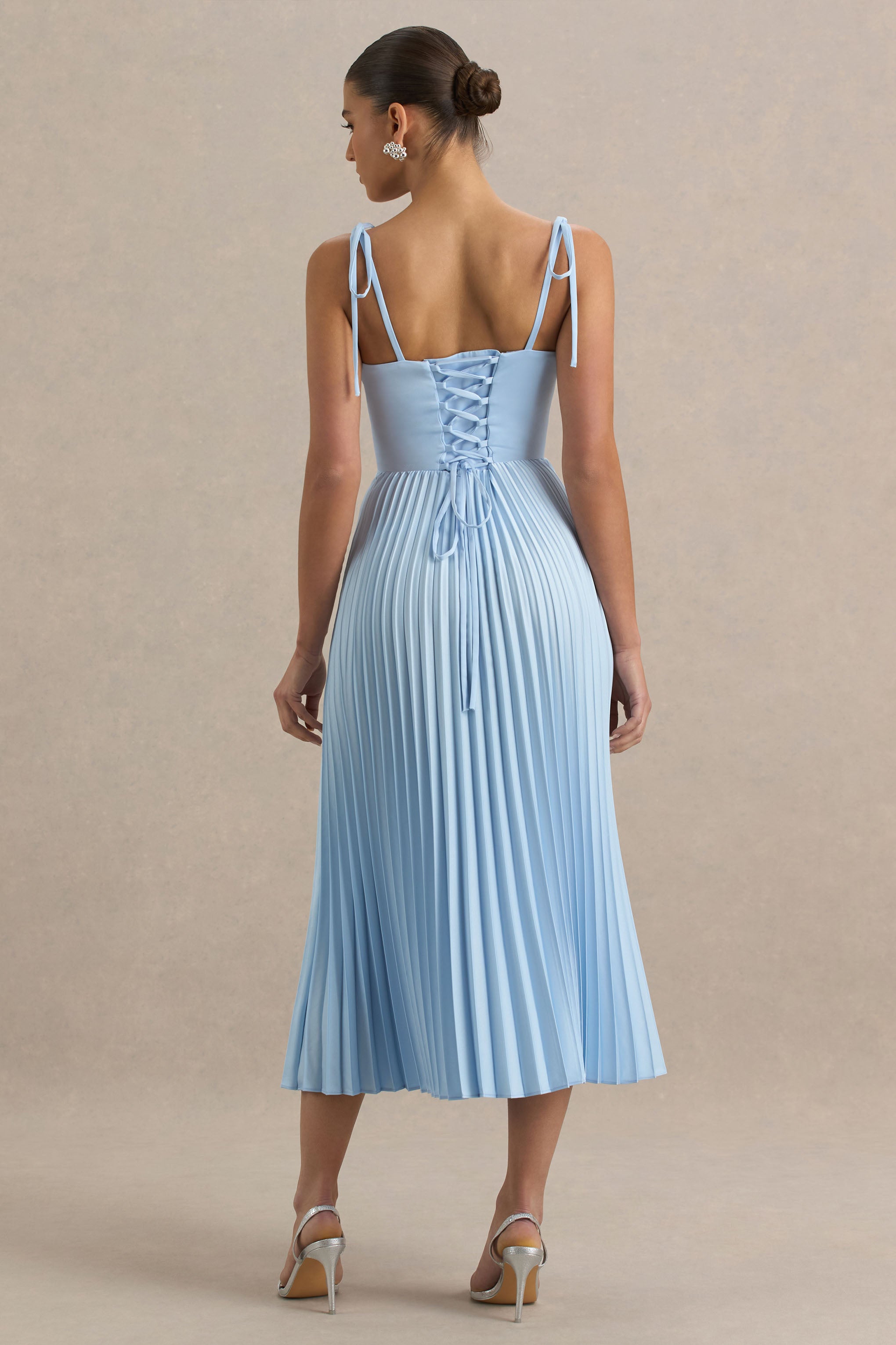 Peyton | Powder Blue Satin Sweetheart-Neck Midi Dress With Pleated Details-Sowoom