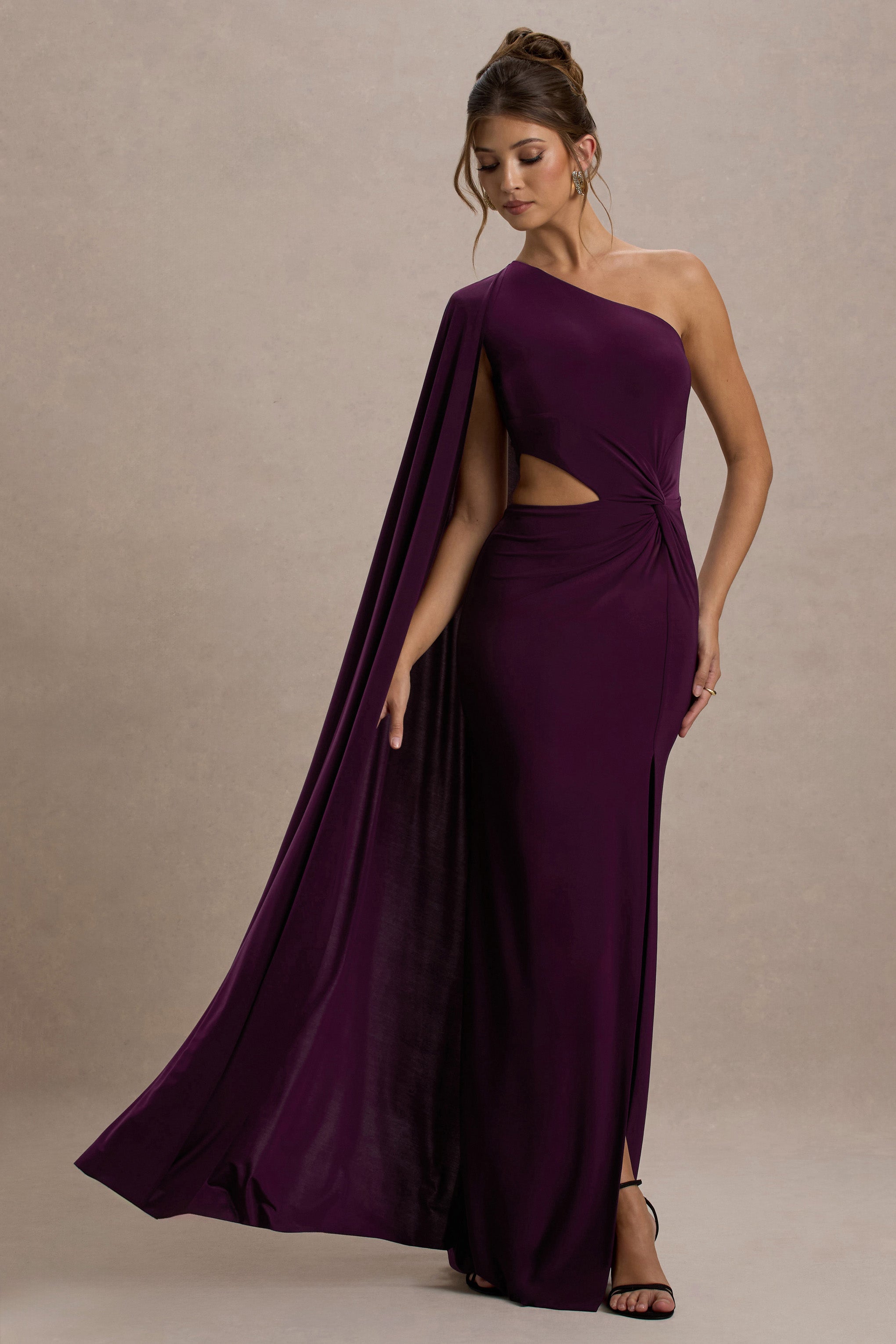 Brona | Plum One-Shoulder Cape-Sleeve Split Maxi Dress-Sowoom