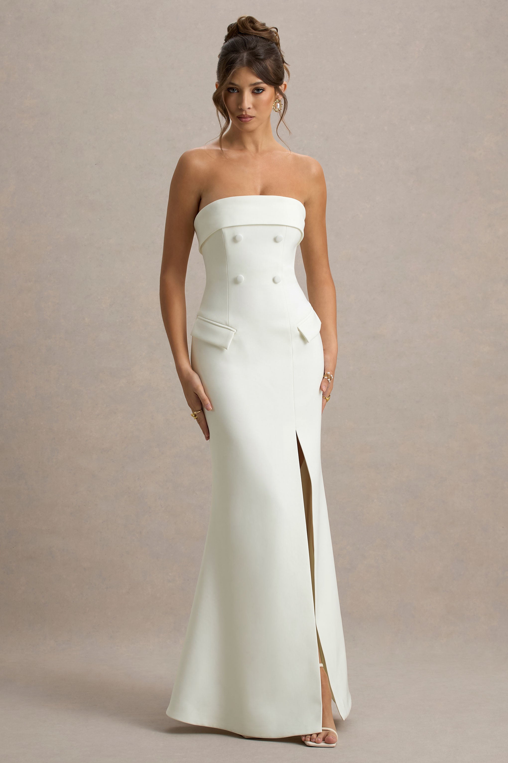Lucia | Cream Bandeau Tailored Maxi Dress With Split-Sowoom