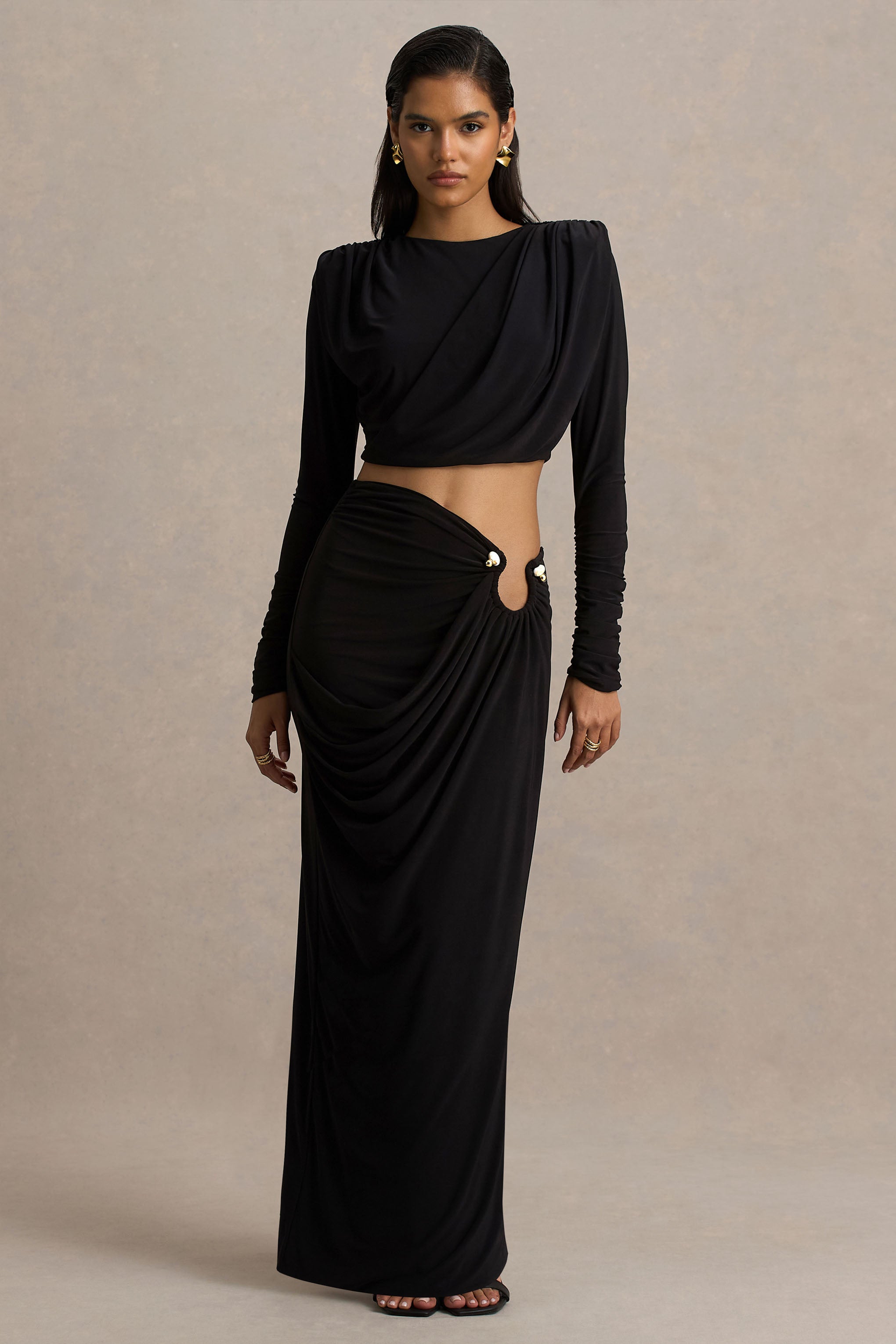 Avaline | Black Wrap Maxi Skirt With Ruched Detailing-Sowoom
