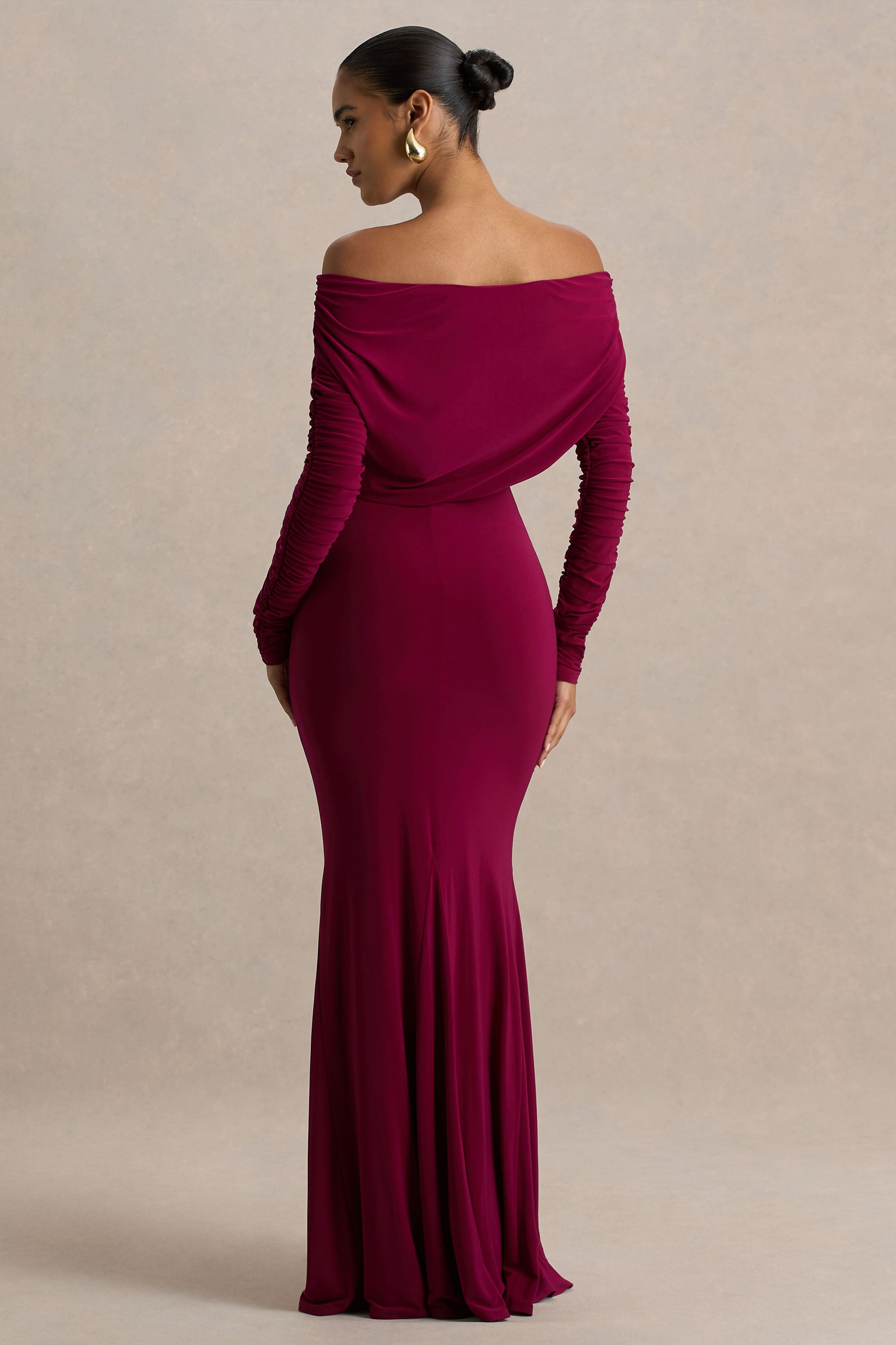Cilla | Burgundy Bardot-Neck Maxi Dress With Ruched Detailing-Sowoom