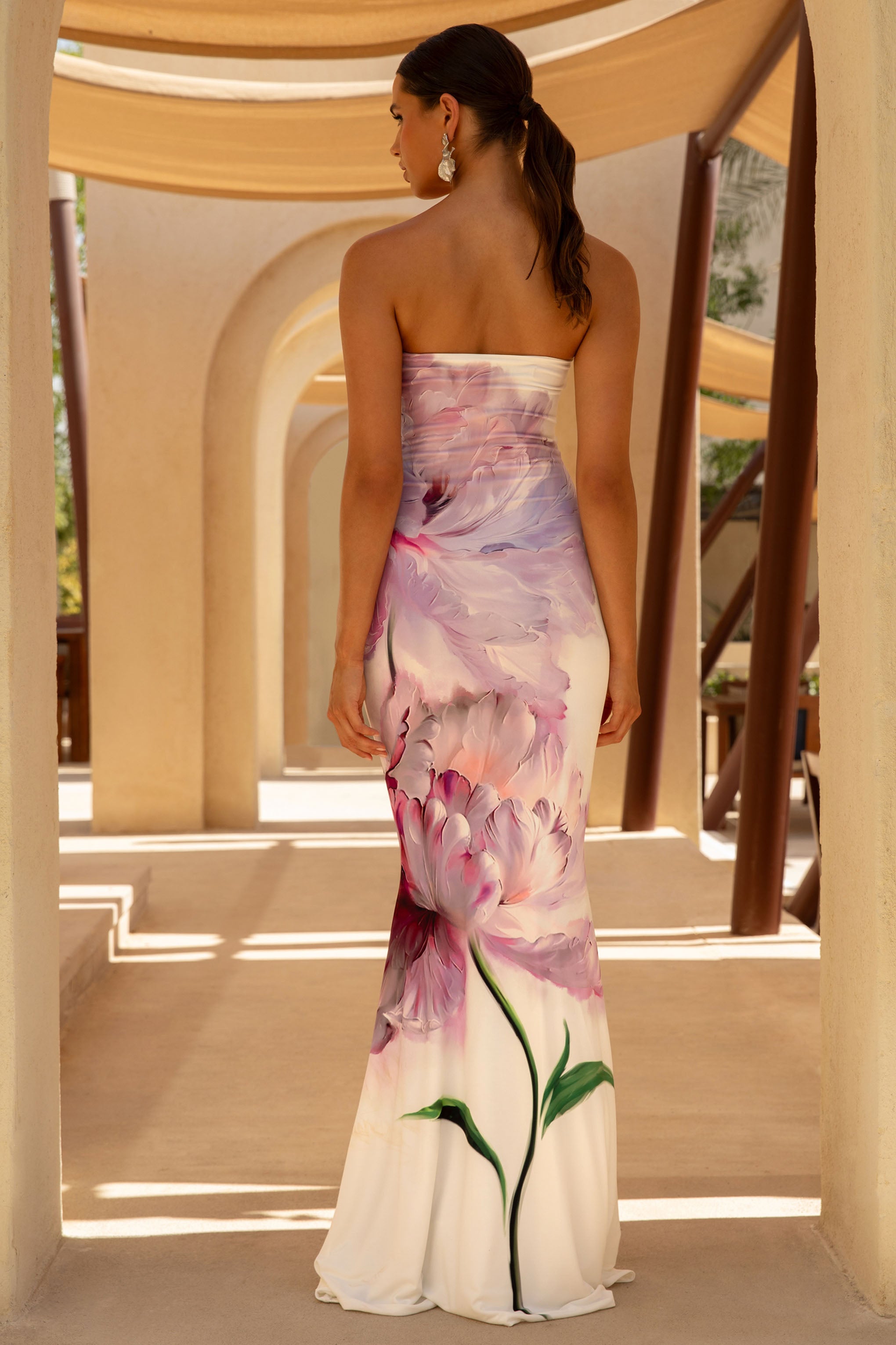 Ceremony | Pink Floral Print Bandeau Fishtail Maxi Dress-Sowoom
