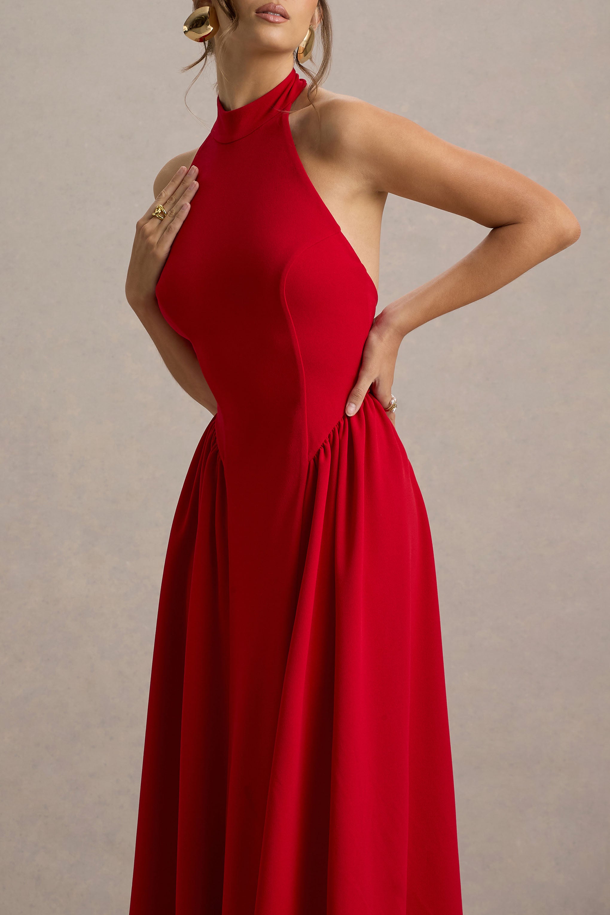 Cynthia | Red High-Neck Maxi Dress With Volume Skirt-Sowoom