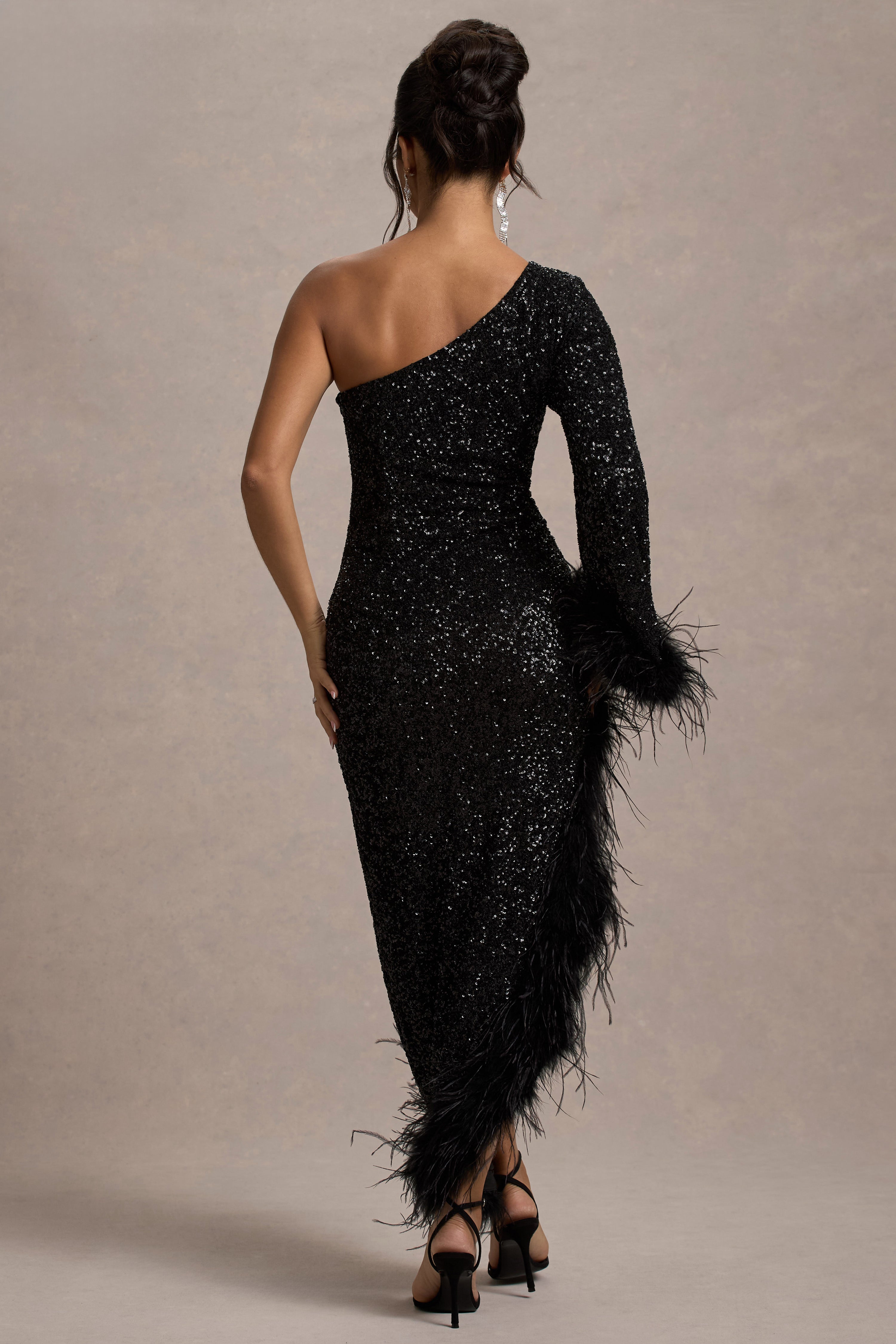 Shadow | Black Sequin One-Shoulder Feather Trim Maxi Dress-Sowoom