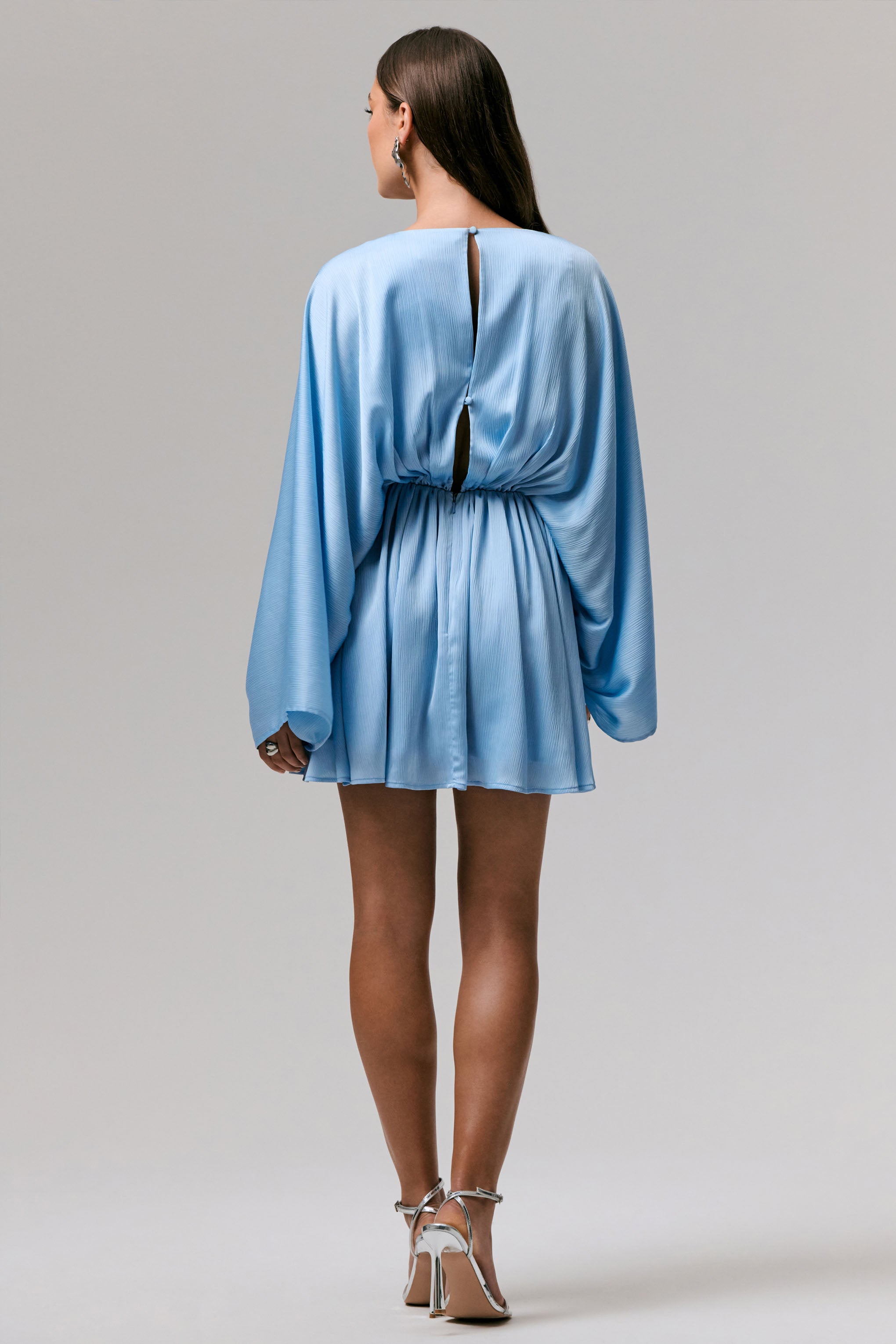 Ocean Flower | Powder Blue Crinkle Chiffon Draped Mini Dress-Sowoom