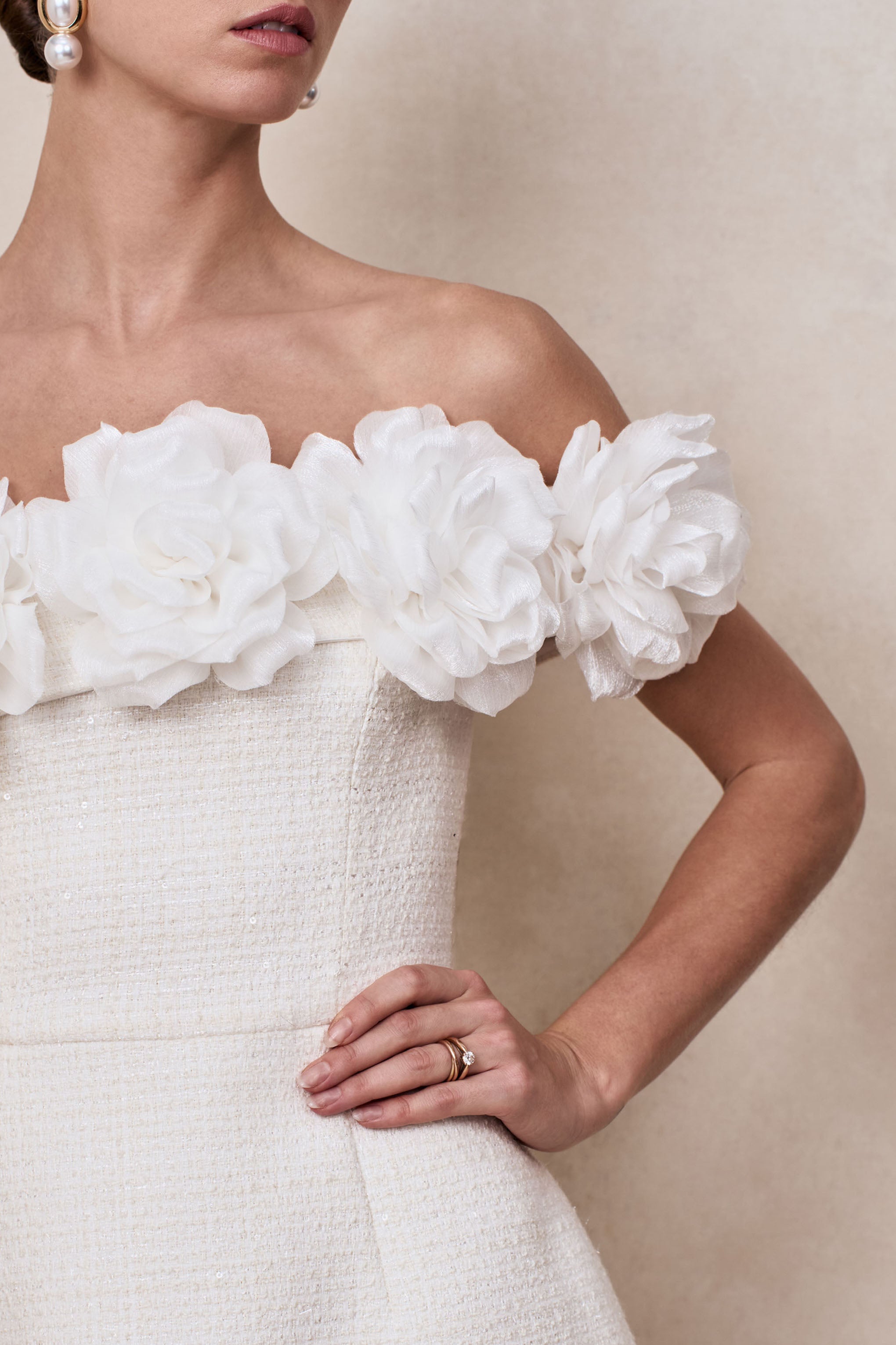 Florinda | White Boucle Floral-Bardot Neck Mini Dress-Sowoom