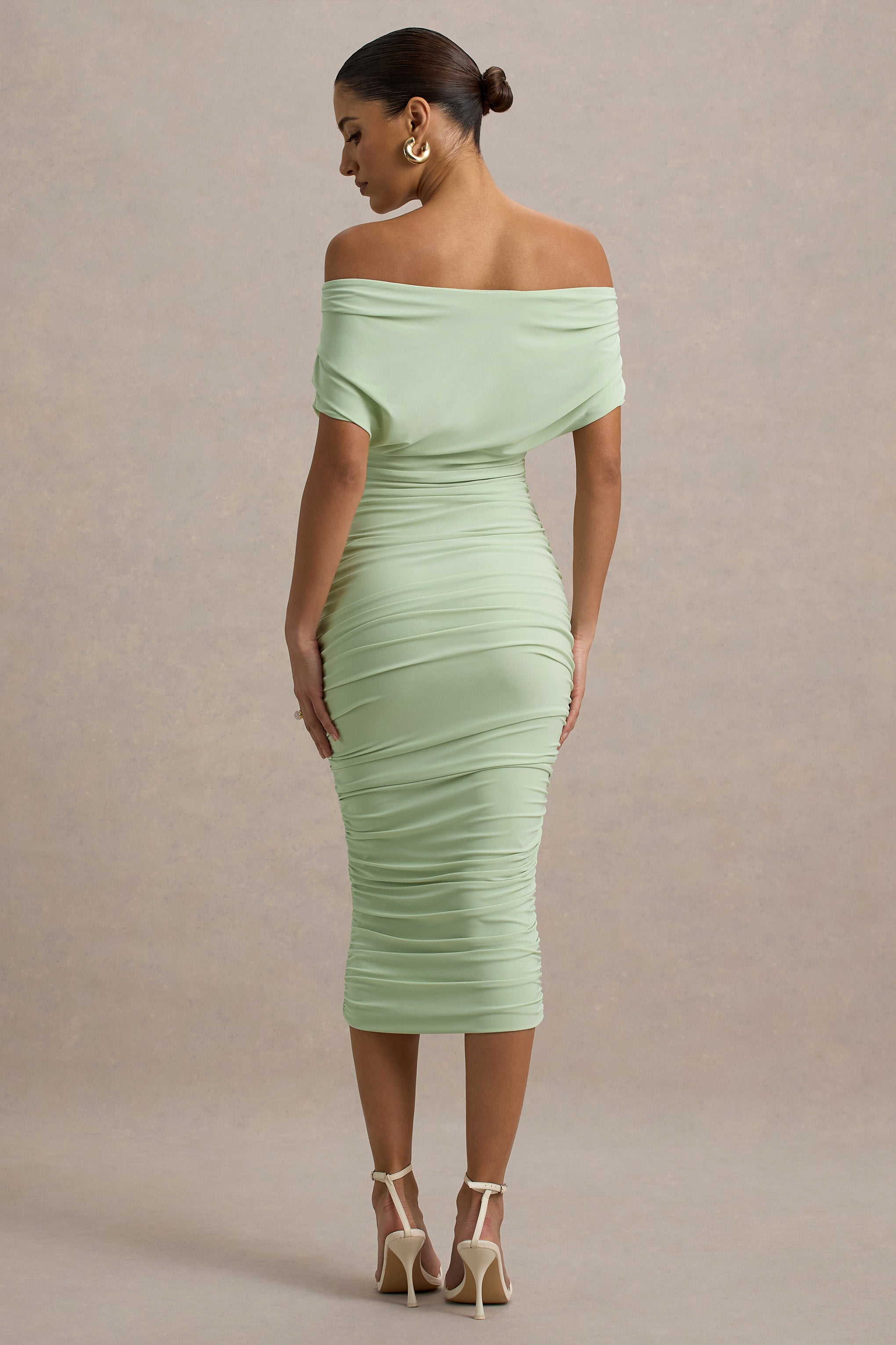 Rayleigh | Light Green Bardot Ruched Midi Dress-Sowoom