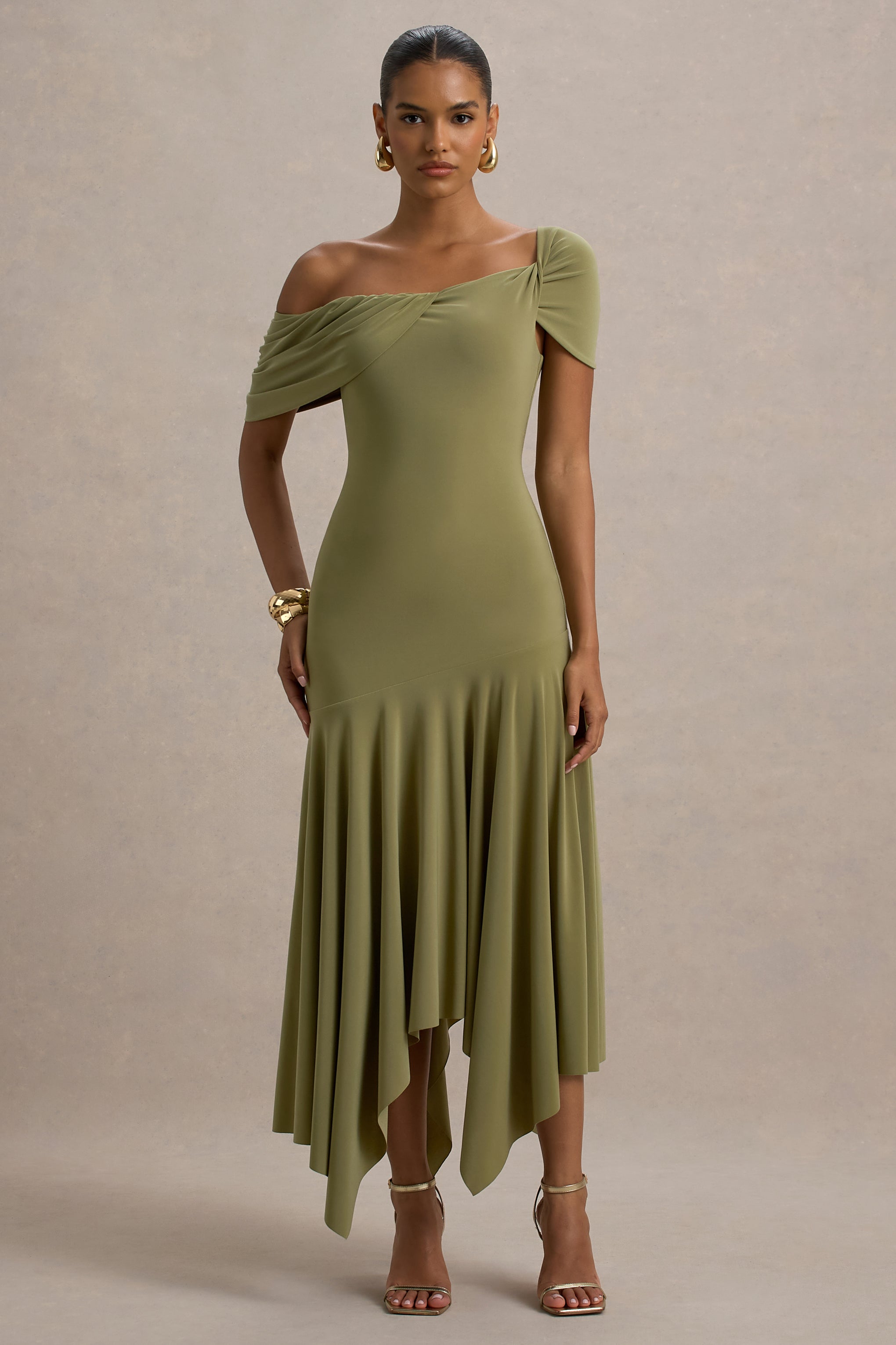 Castor | Olive Asymmetric Midi Dress-Sowoom