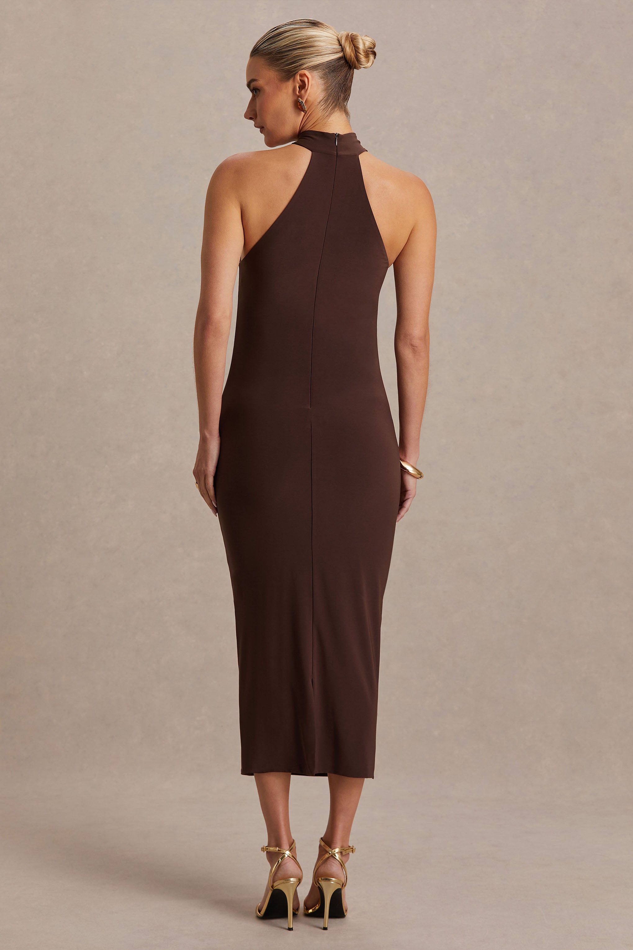 Mireille | Brown Halter-Neck Maternity Midi Dress-Sowoom
