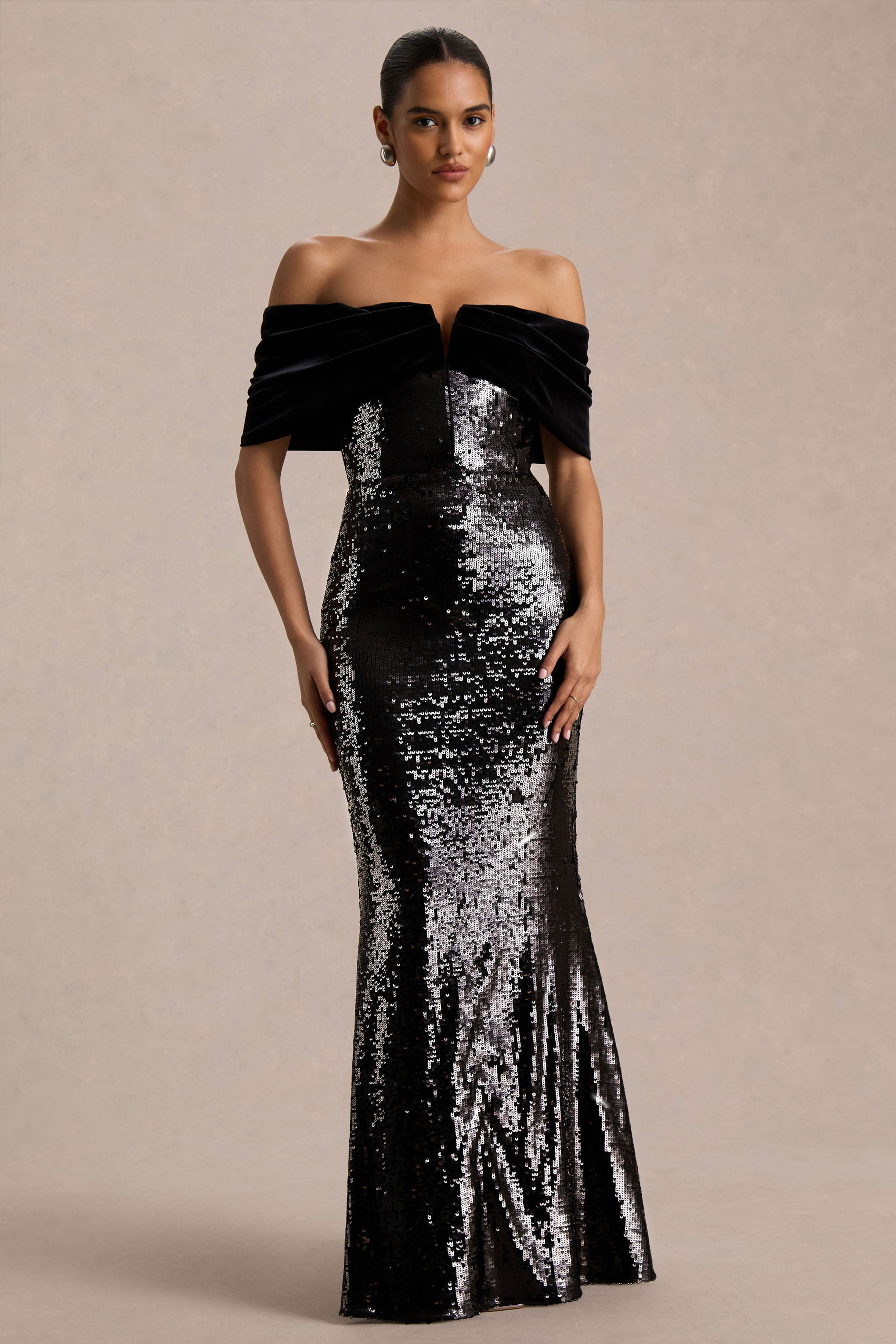 Bex | Black Sequin And Velvet Bardot-Neck Maxi Dress-Sowoom