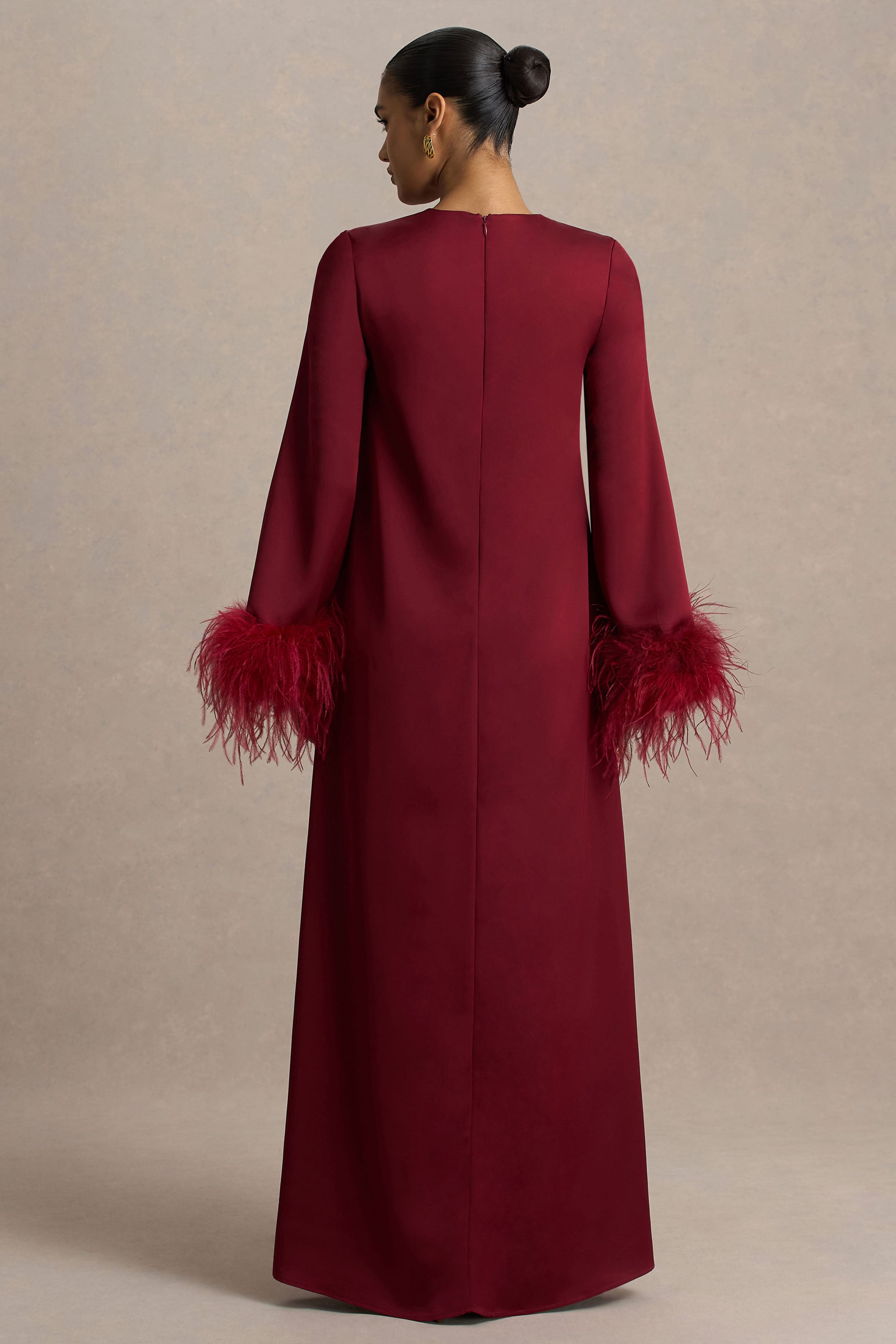 Adella | Burgundy Satin Feather-Trim Maxi Dress-Sowoom
